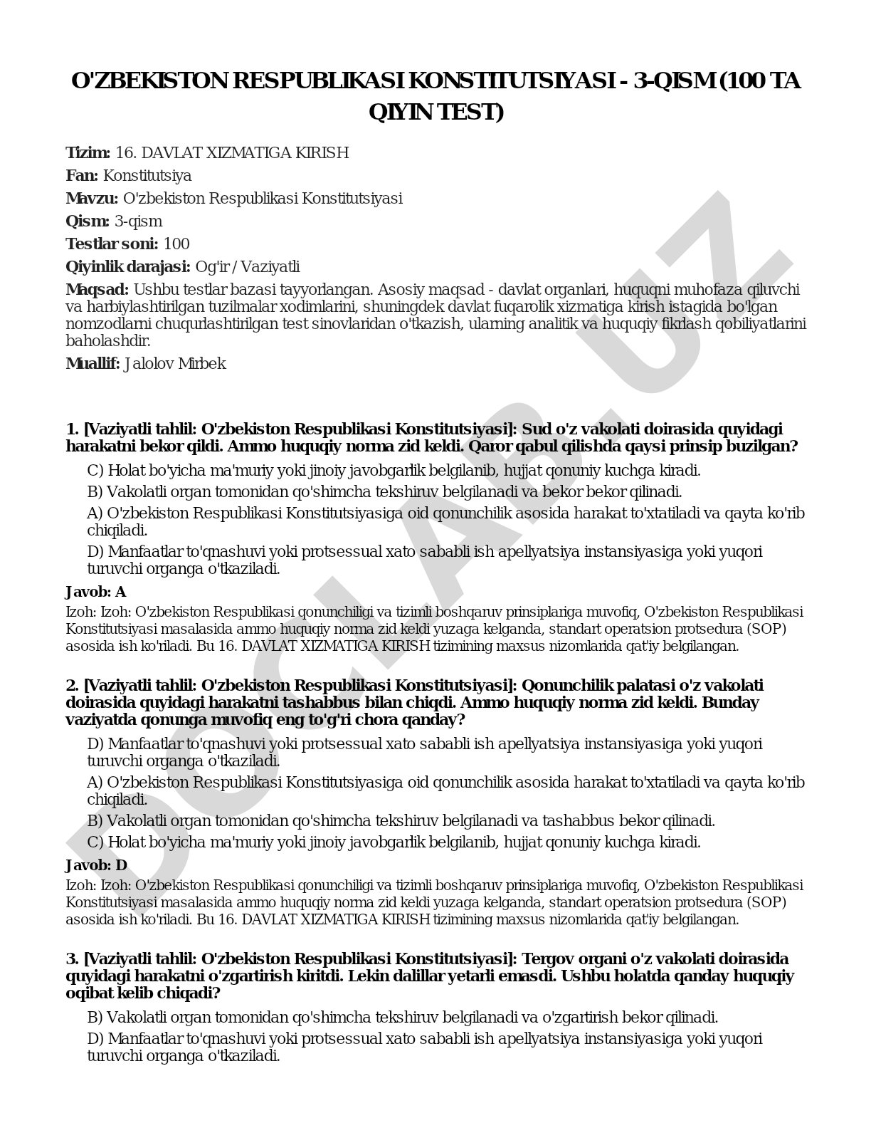 O'zbekiston Respublikasi Konstitutsiyasi - 3-qism (100 ta qiyin test)