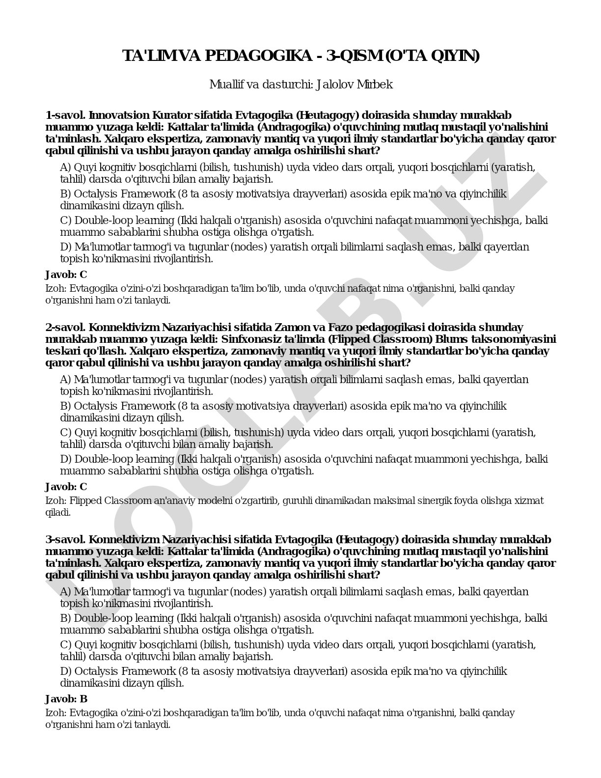 Ta'lim va pedagogika - 3-qism (O'ta qiyin)