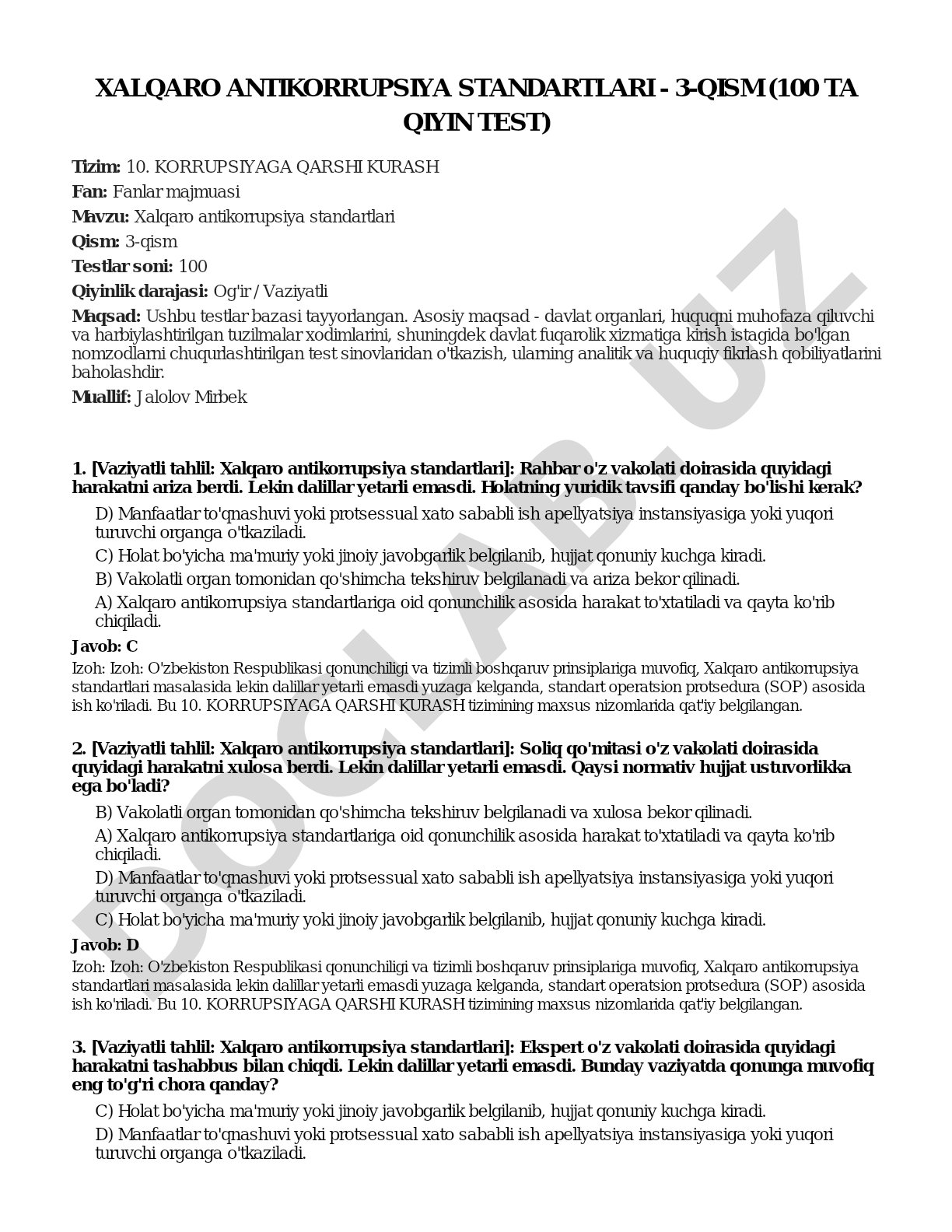 Xalqaro antikorrupsiya standartlari - 3-qism (100 ta qiyin test)
