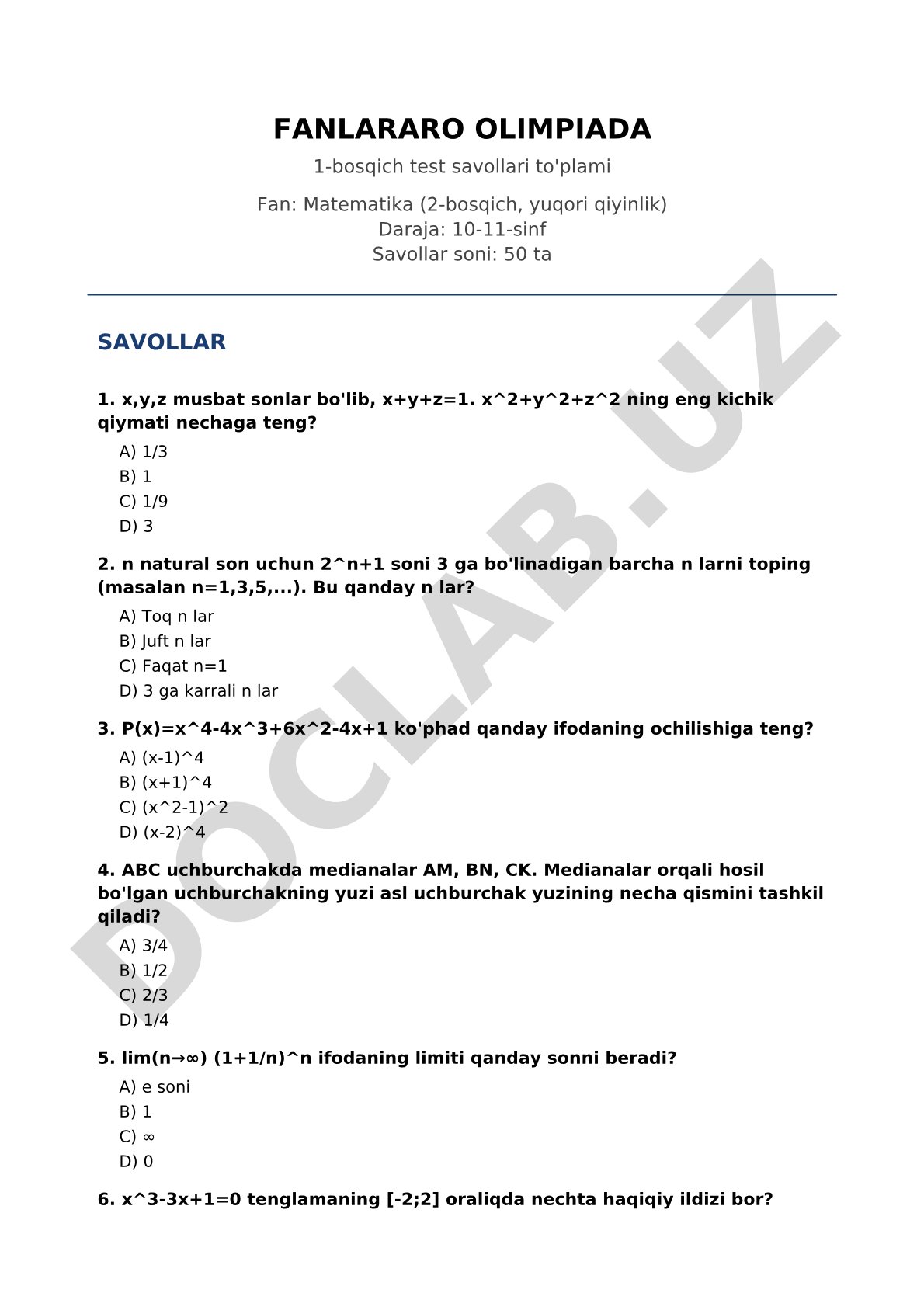 FANLARARO OLIMPIADA 1-bosqich test savollari to'plami Fan: Matematika (2-bosqich, yuqori qiyinlik) D