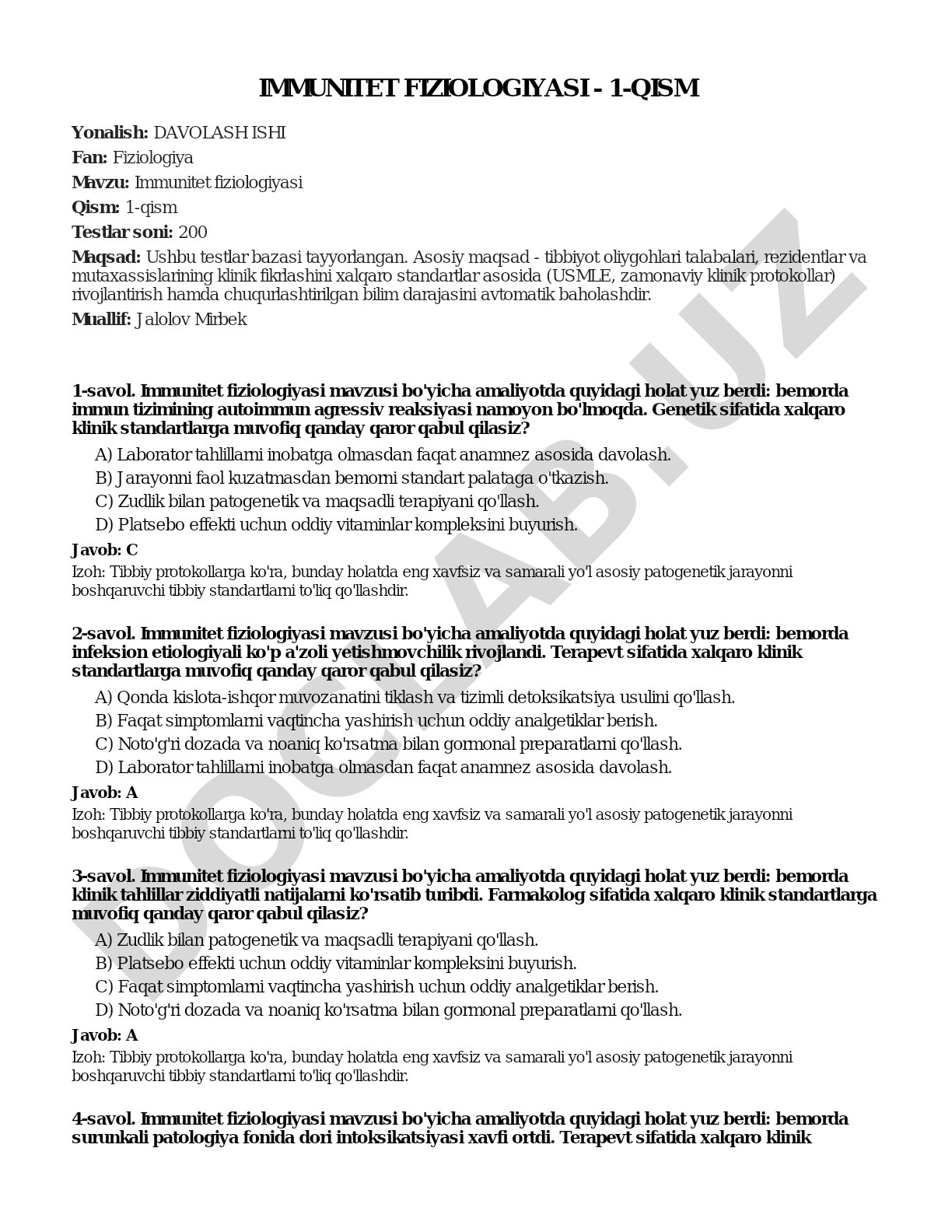 Immunitet fiziologiyasi bo'yicha 200 ta test savollari, talabalar va mutaxassislar uchun