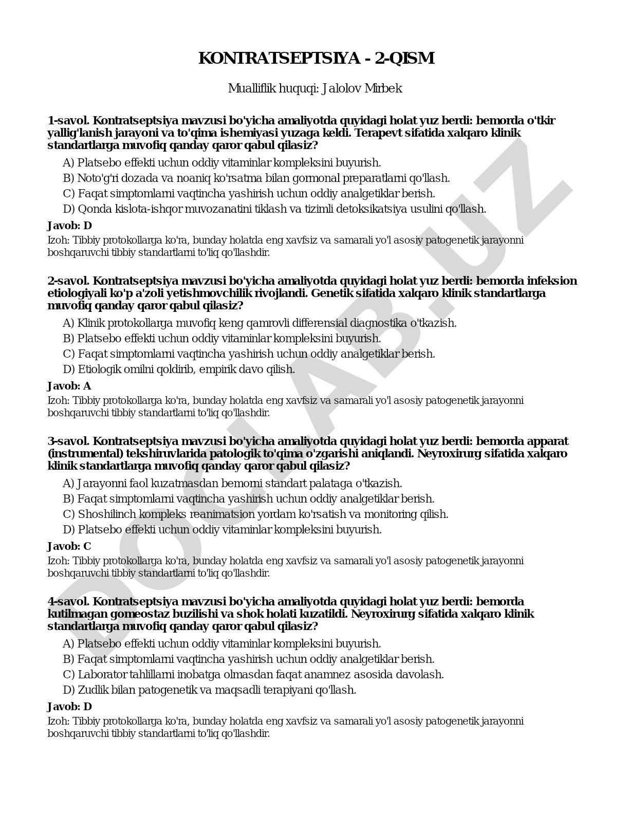 Kontratseptsiya mavzusida klinik vaziyatli savollar va ularning izohlari