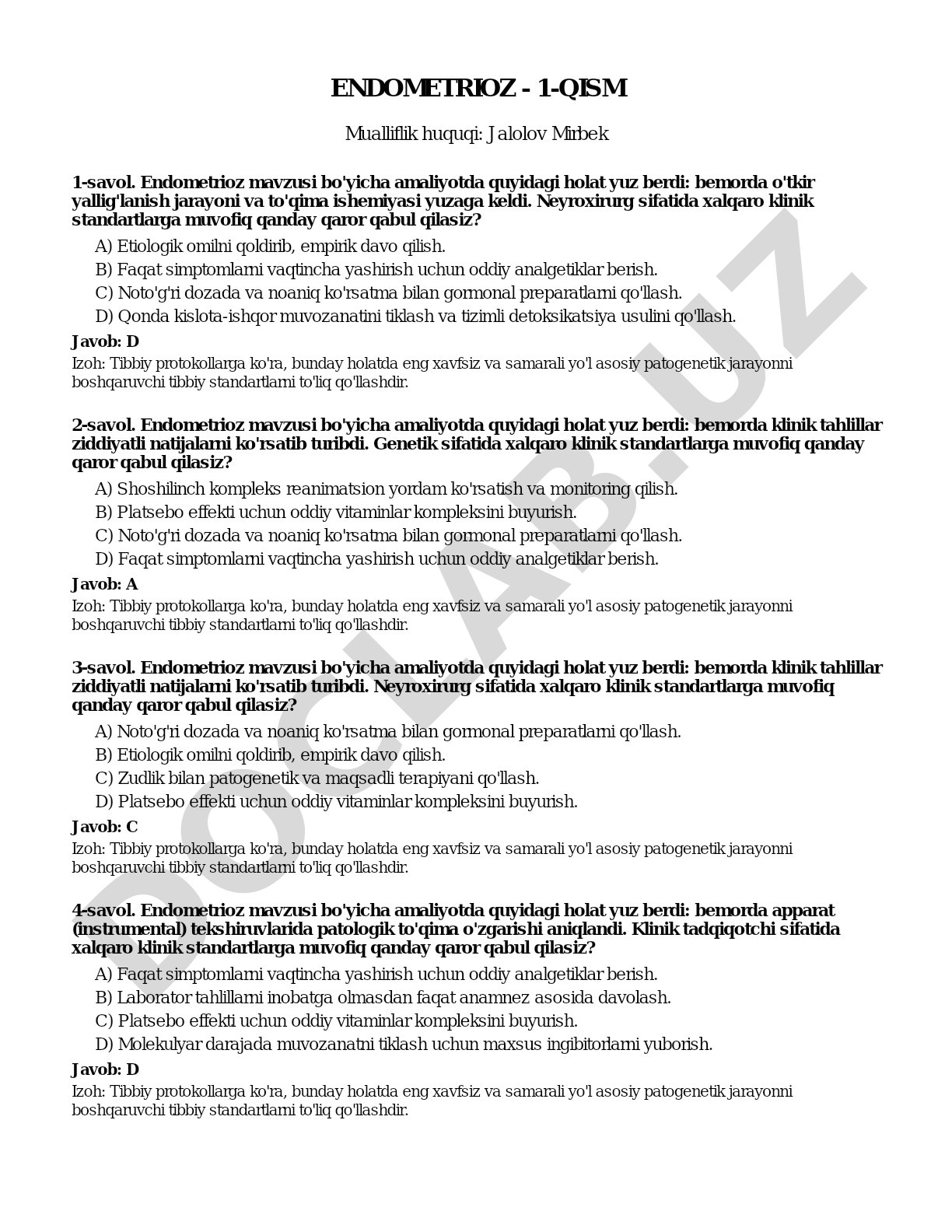 Endometrioz bo'yicha klinik savollar va javoblar testi
