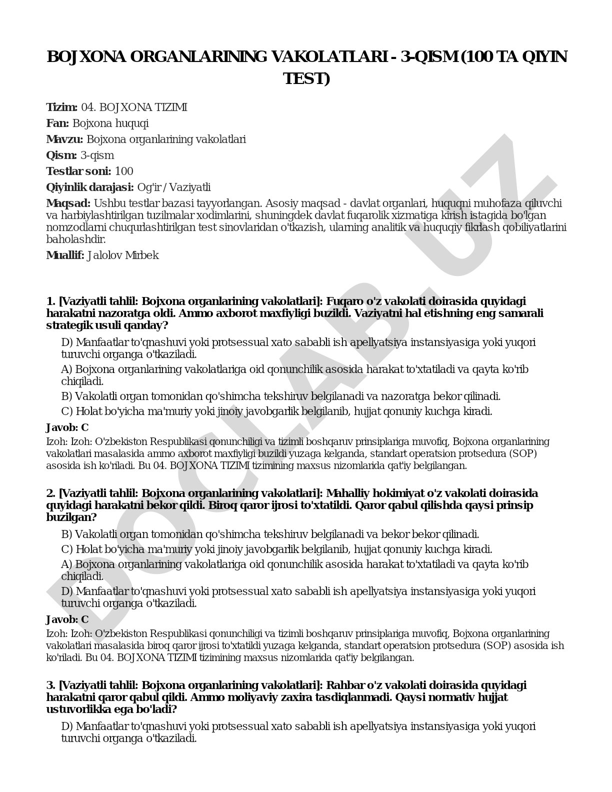 Bojxona organlarining vakolatlari - 3-qism (100 ta qiyin test)