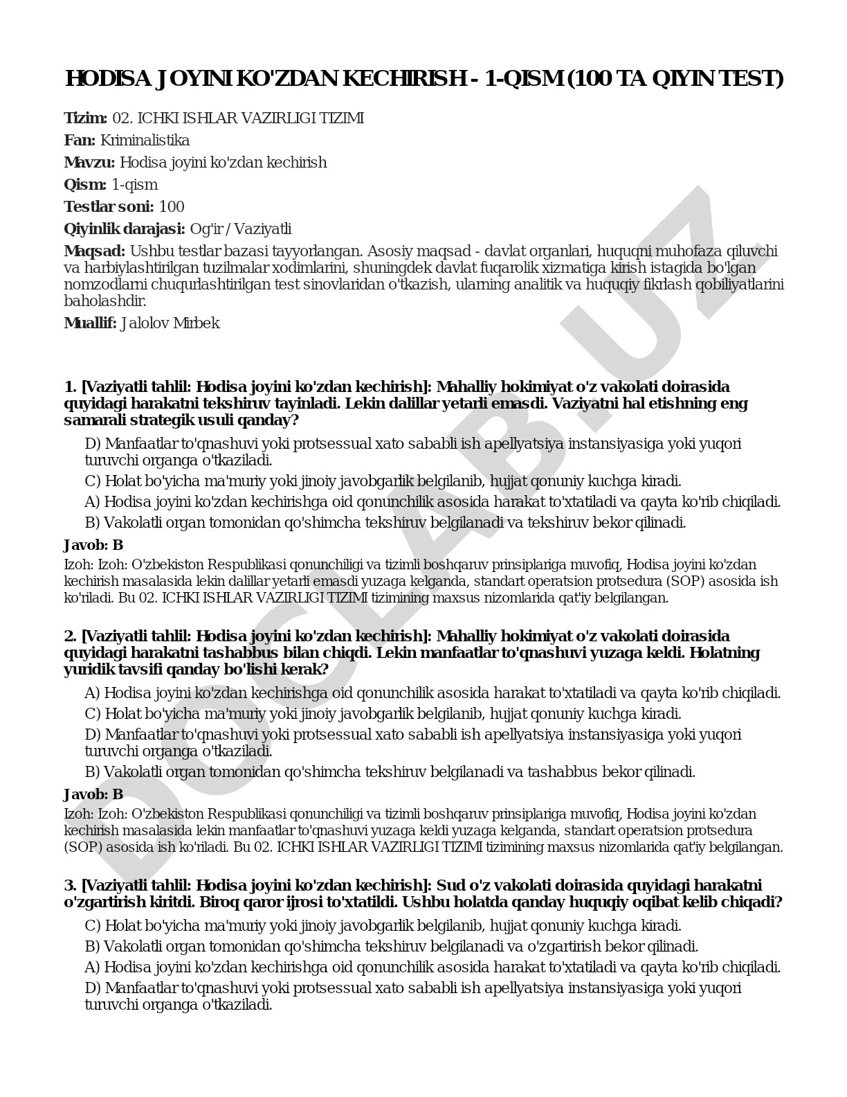 Hodisa joyini ko'zdan kechirish - 1-qism (100 ta qiyin test)