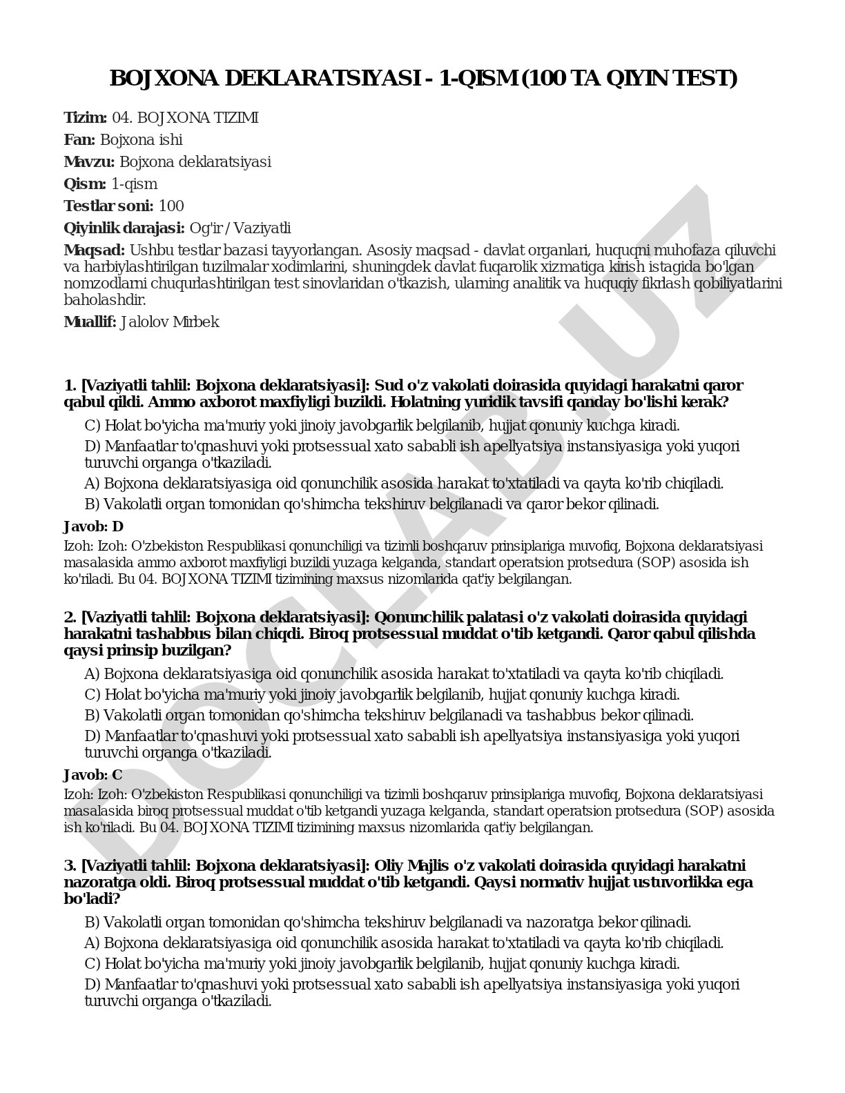 Bojxona deklaratsiyasi - 1-qism (100 ta qiyin test)