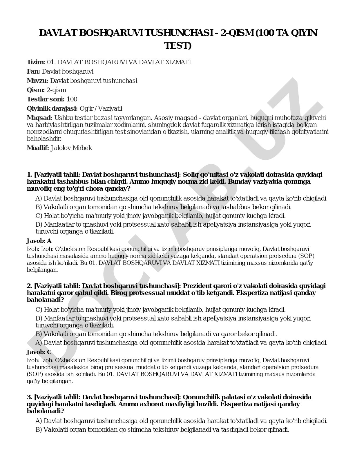 Davlat boshqaruvi tushunchasi - 2-qism (100 ta qiyin test)