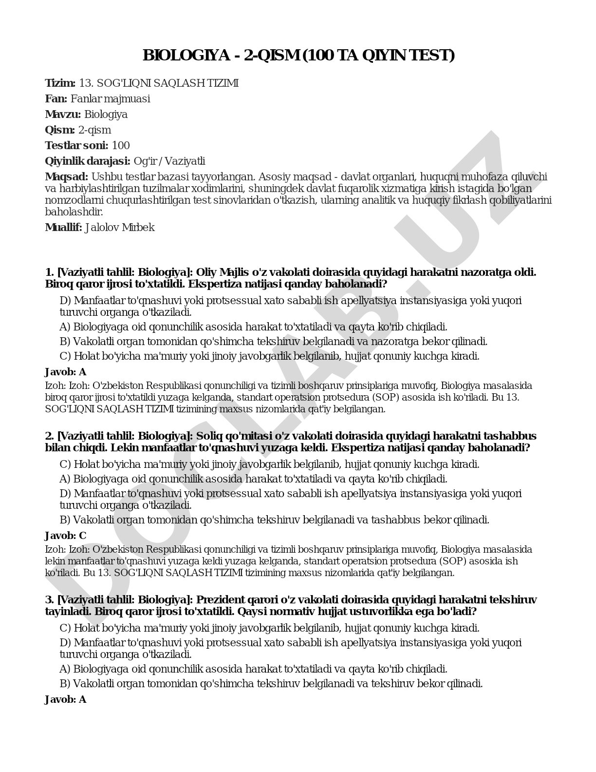 Biologiya - 2-qism (100 ta qiyin test)