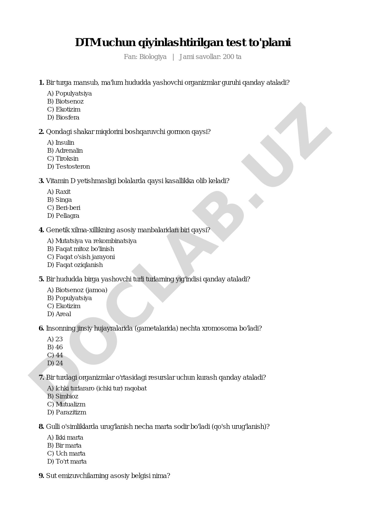 DTM uchun qiyinlashtirilgan test to'plami Fan: Biologiya | Jami savollar: 200 ta 1