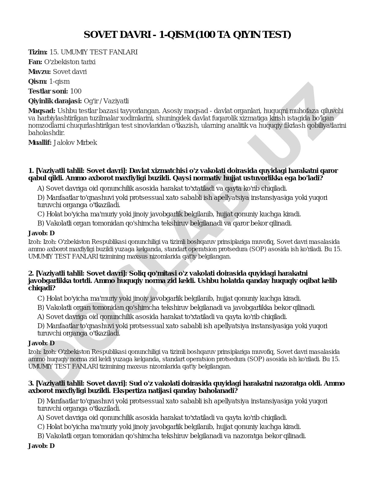 Sovet davri - 1-qism (100 ta qiyin test)