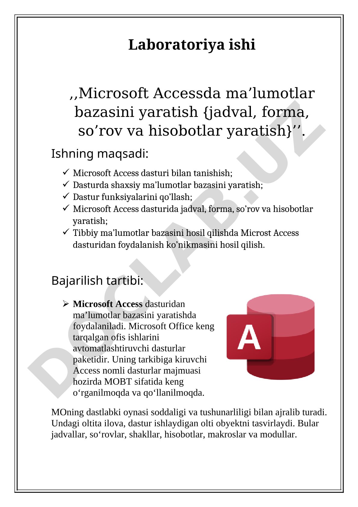 Microsoft Accessda ma’lumotlar bazasini yaratish