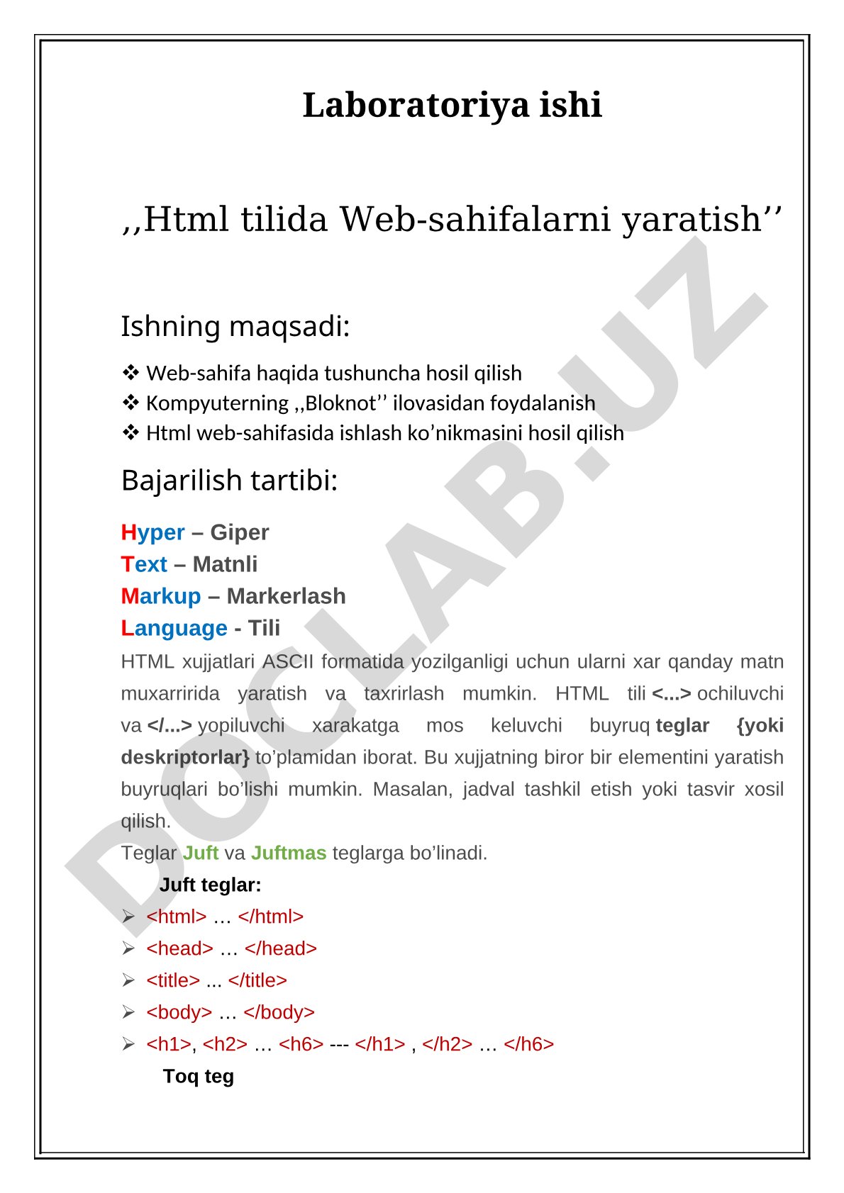 Html tilida Web-sahifalarni yaratish