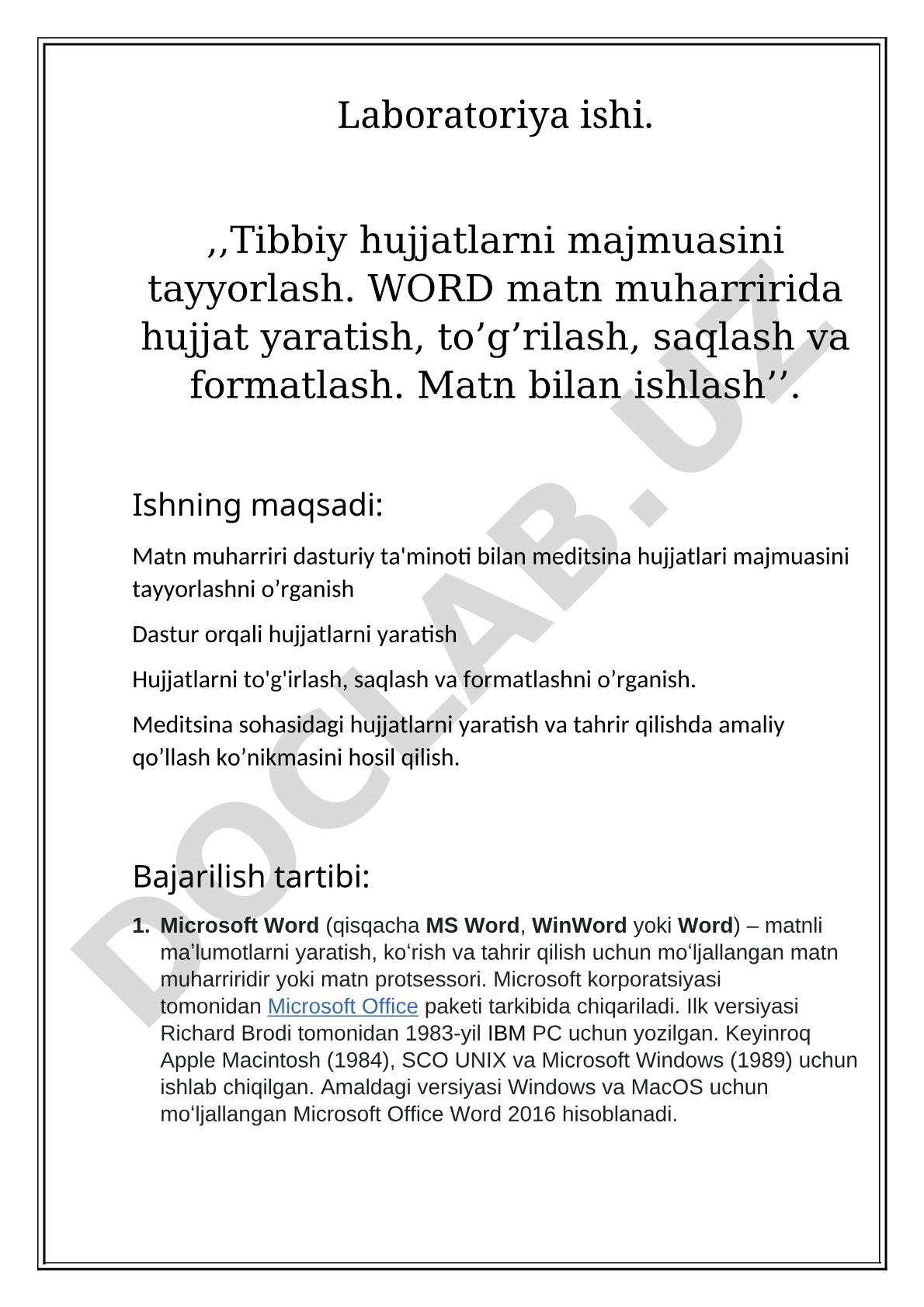 Tibbiyotda Word matn muharriri bilan ishlash