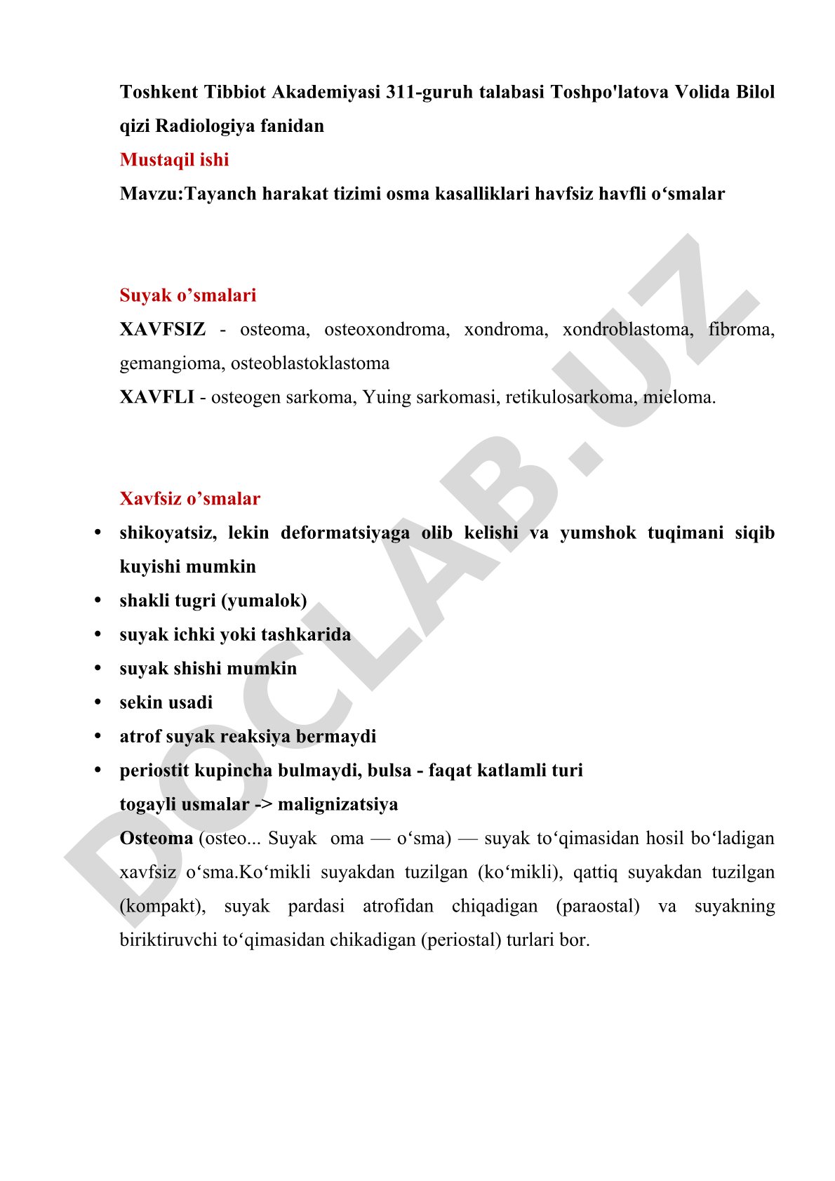 Tayanch harakat tizimi osma kasalliklari havfsiz havfli o'smalar