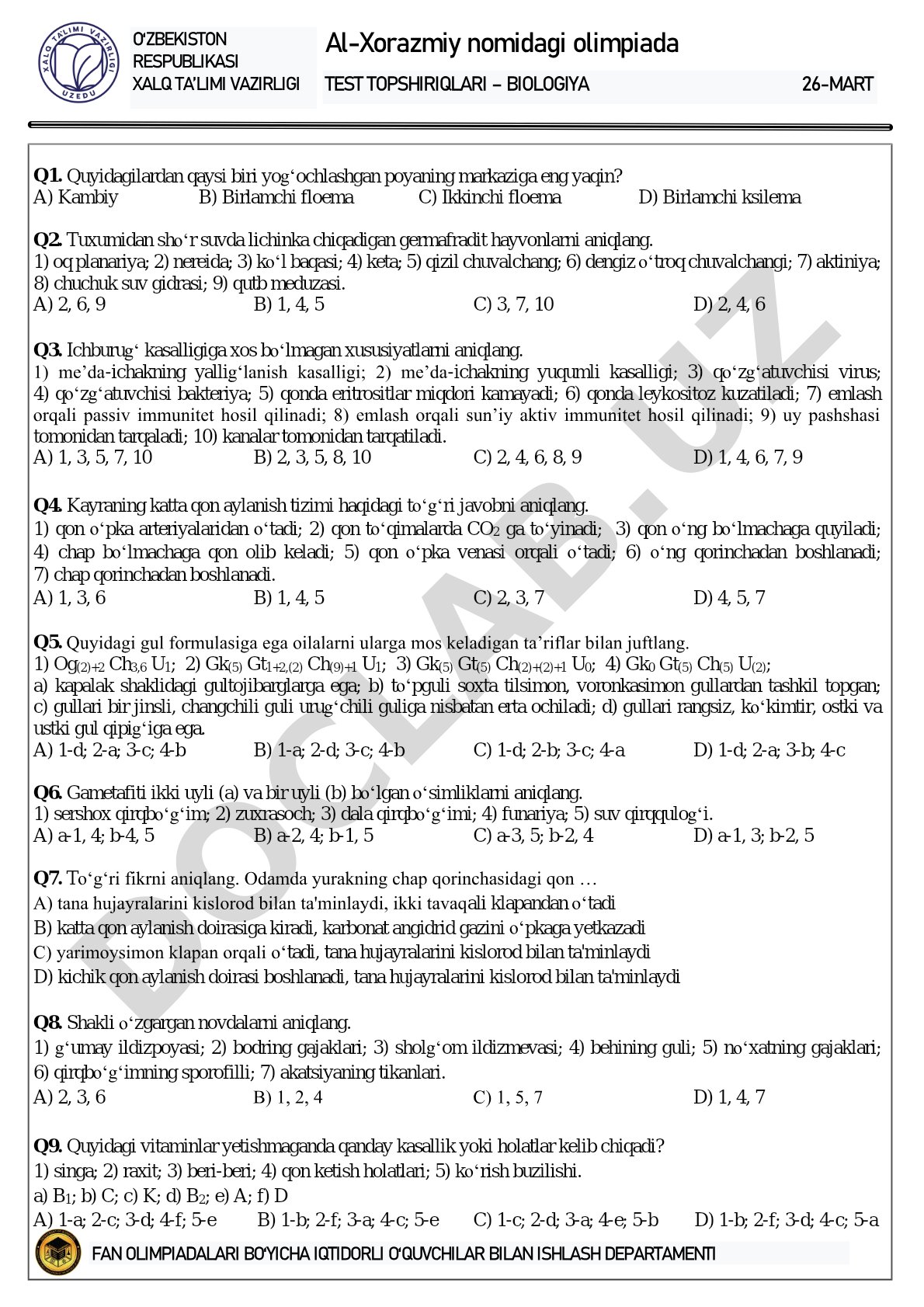 Al-Xorazmiy nomidagi olimpiada Test topshiriqlari – Biologiya