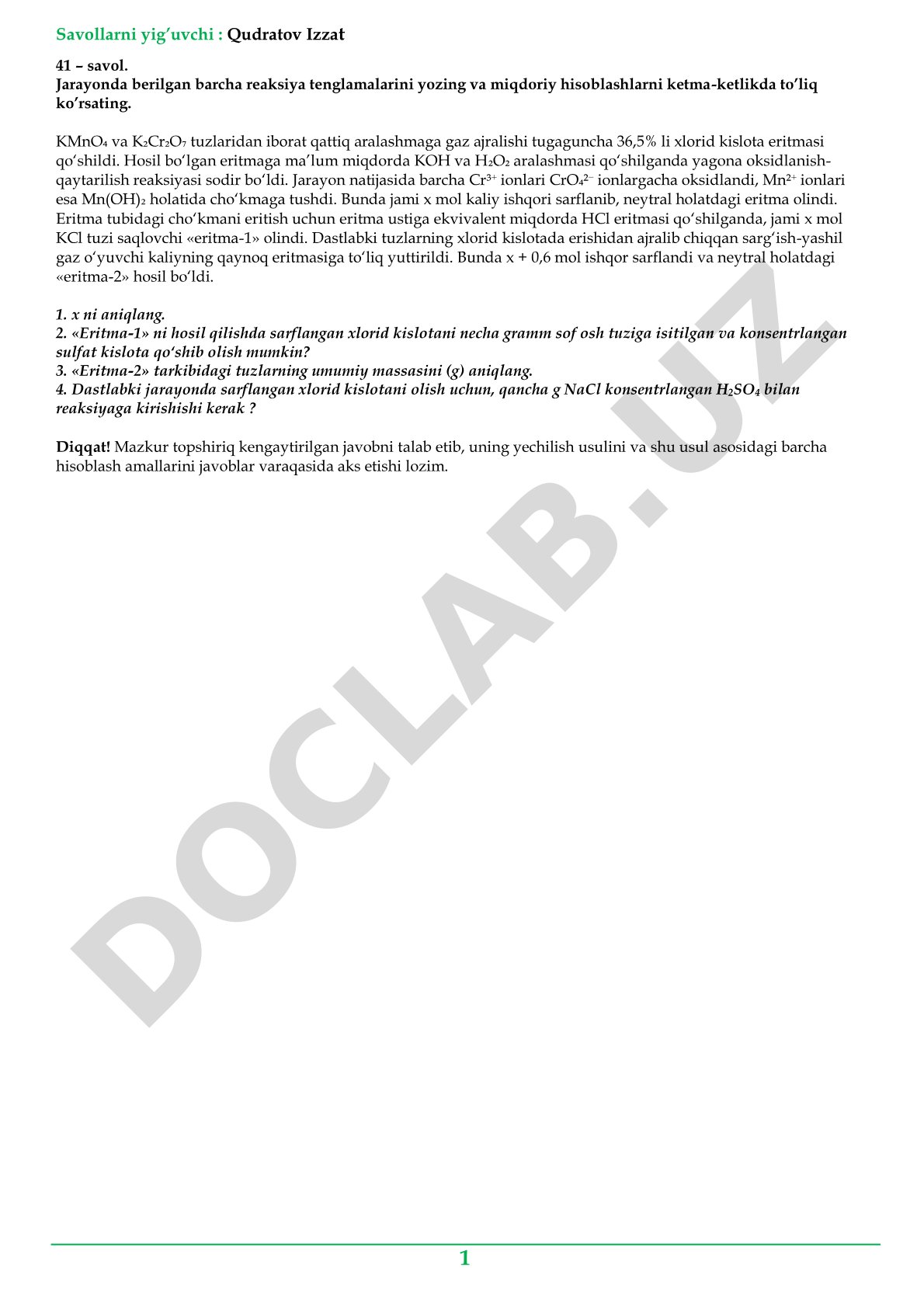 KMnO4 va K2Cr2O7 aralashmasining HCl, KOH va H2O2 bilan reaksiyasi