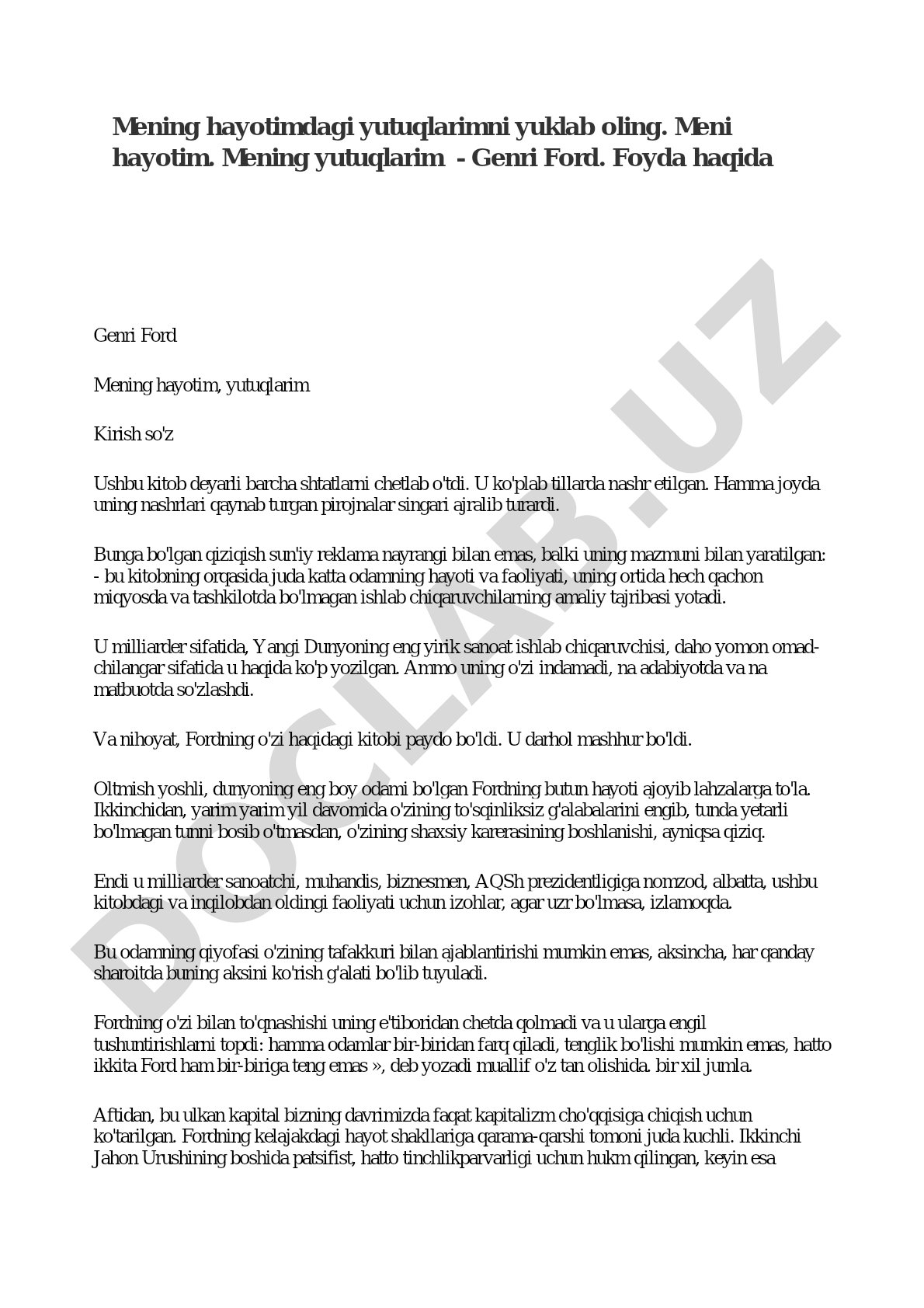 Genri Fordning Mening hayotim, yutuqlarim kitobiga kirish so'zi