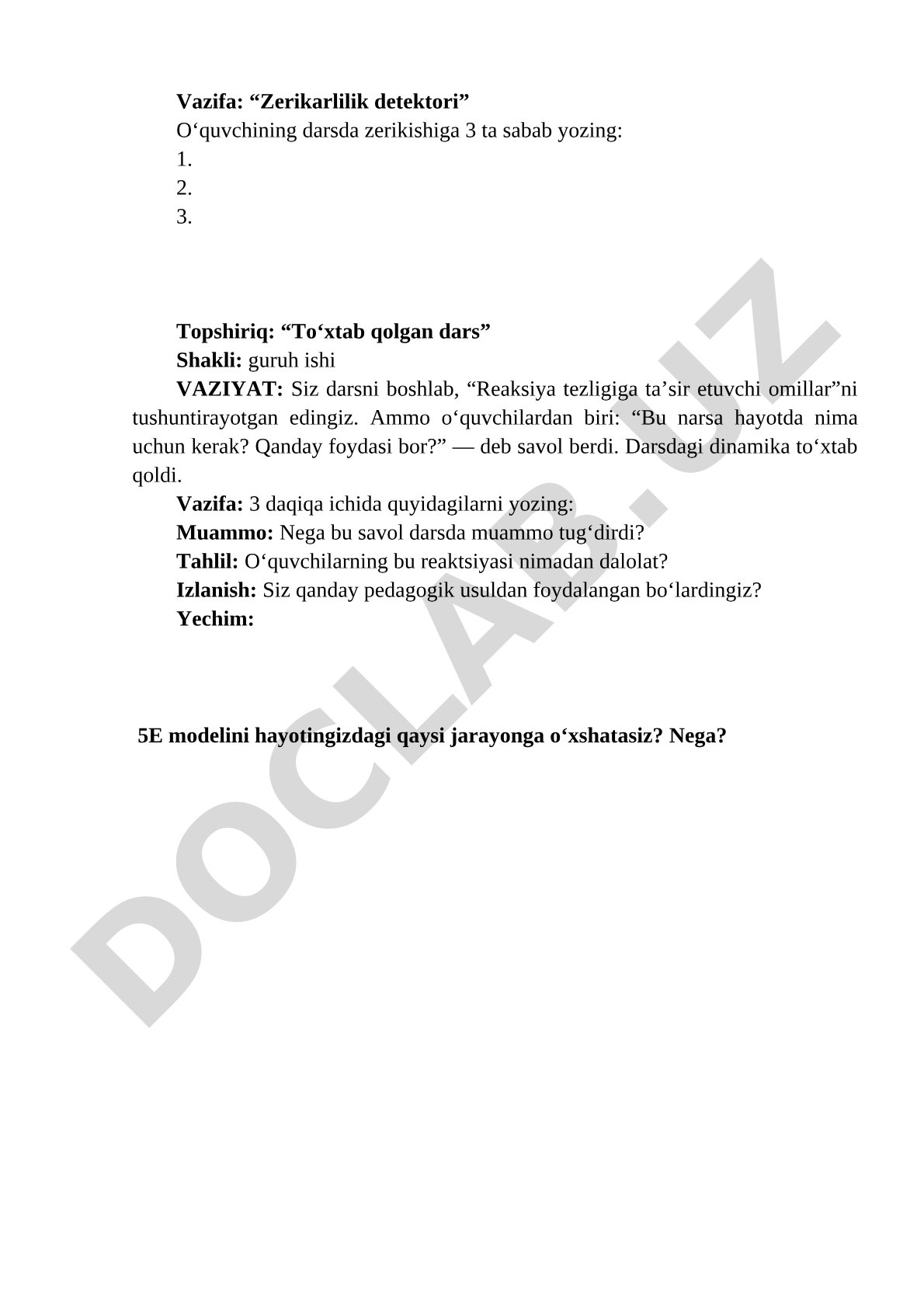 Darsda zerikish sabablari va to‘xtab qolgan dars yuzasidan pedagogik topshiriqlar