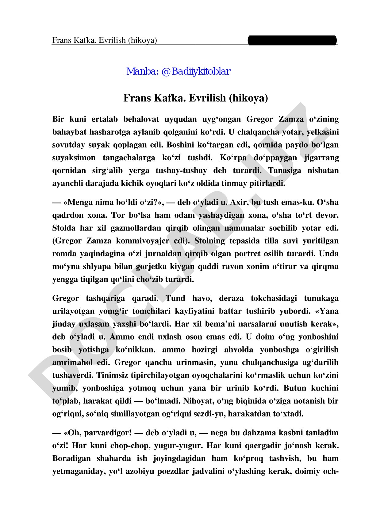 Frans Kafka. Evrilish (hikoya)