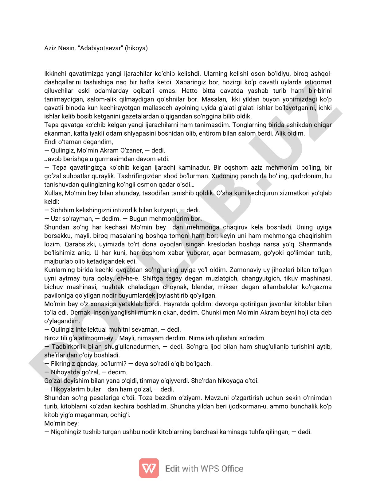 Aziz Nesin hikoyasida yangi qo'shni bilan tanishuv va uning mulozamati haqida so'z boradi