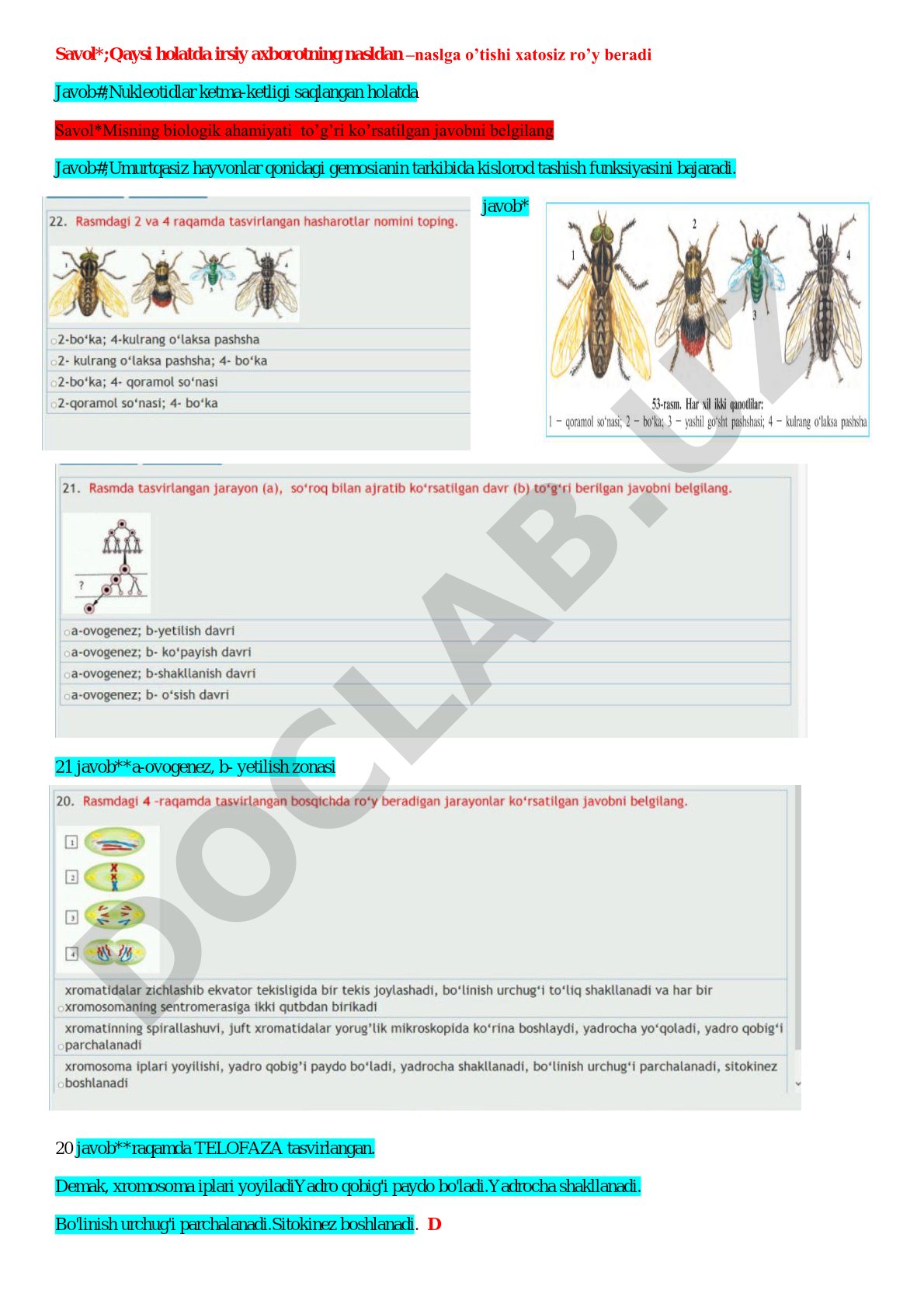 10-sinf biologiya fanidan test javoblari