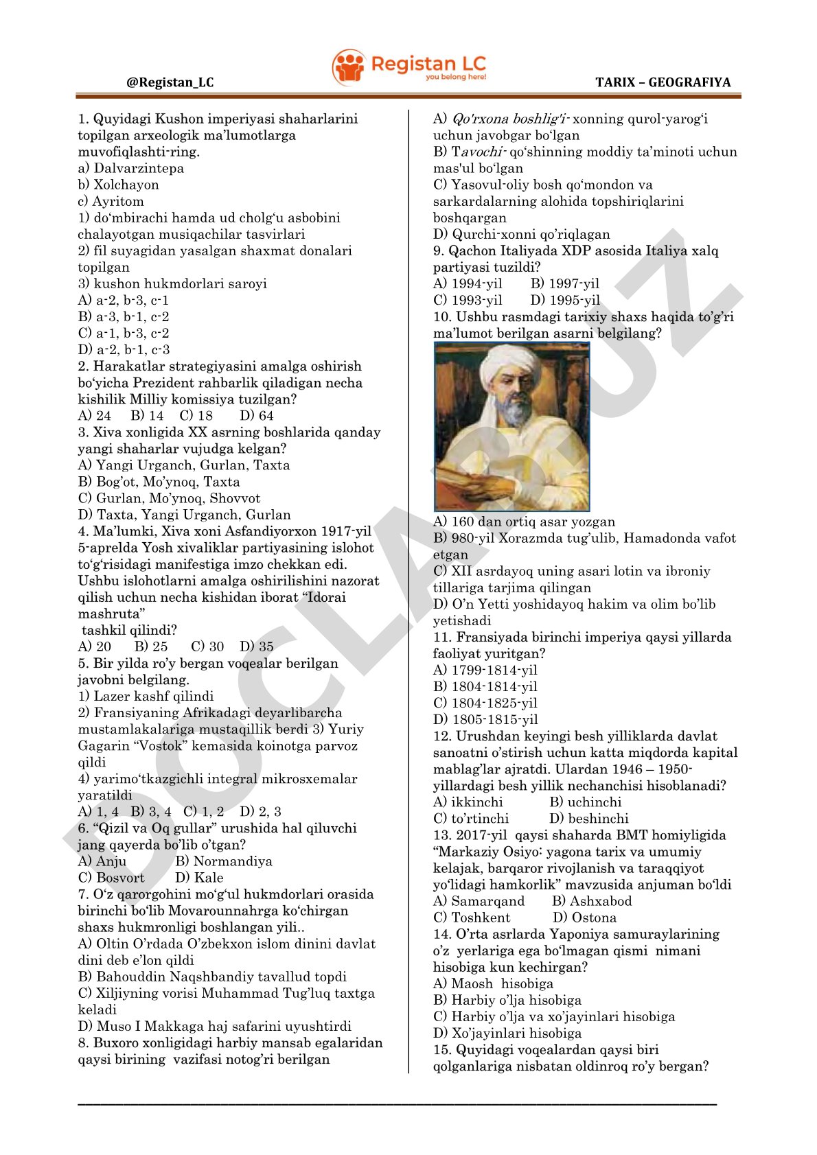 Tarix va geografiya fanidan test savollari to'plami