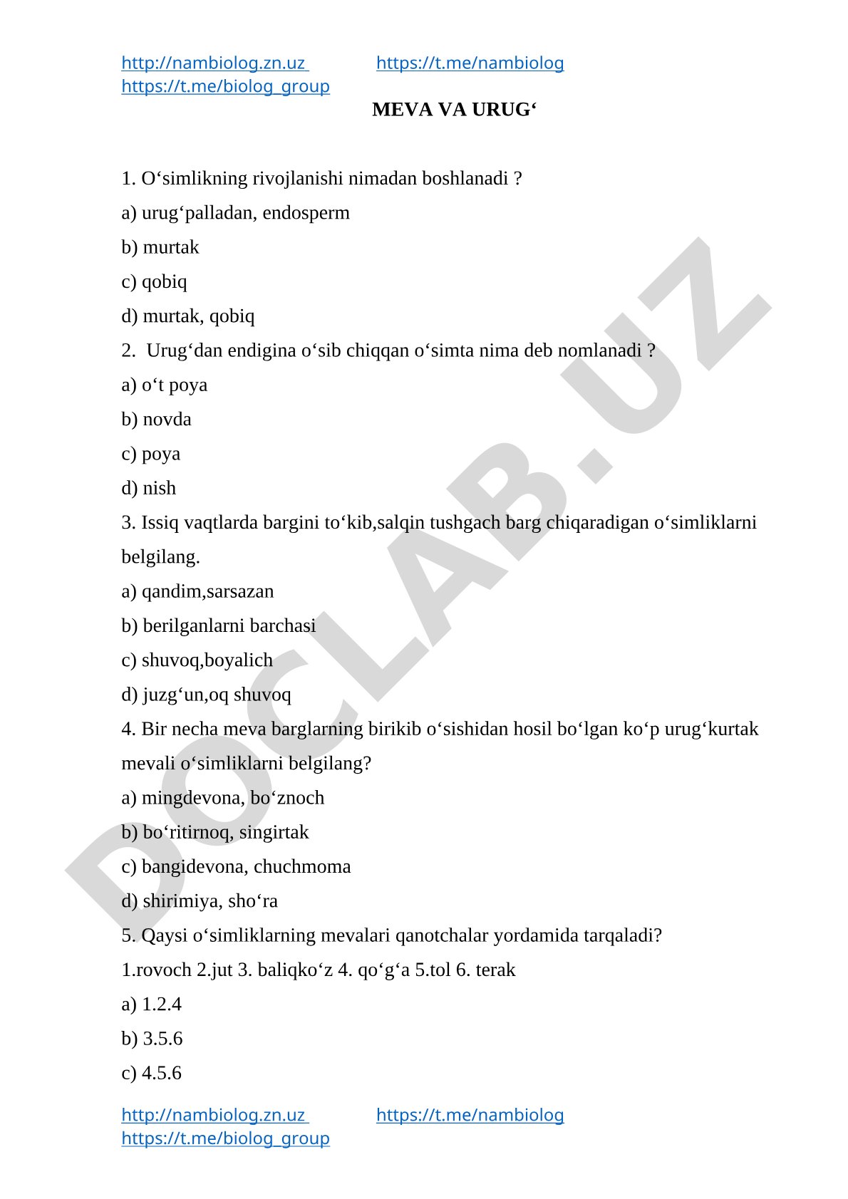 O'simliklarning meva va urug'lari haqida test savollari