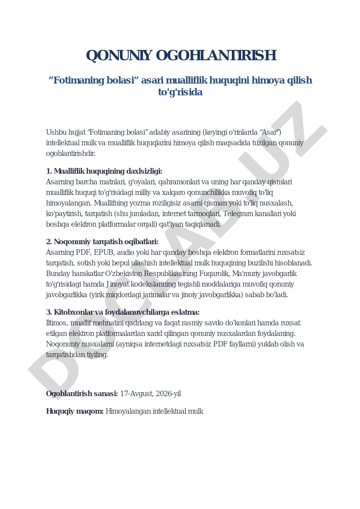 “Fotimaning bolasi” asari mualliflik huquqini himoya qilish to'g'risida