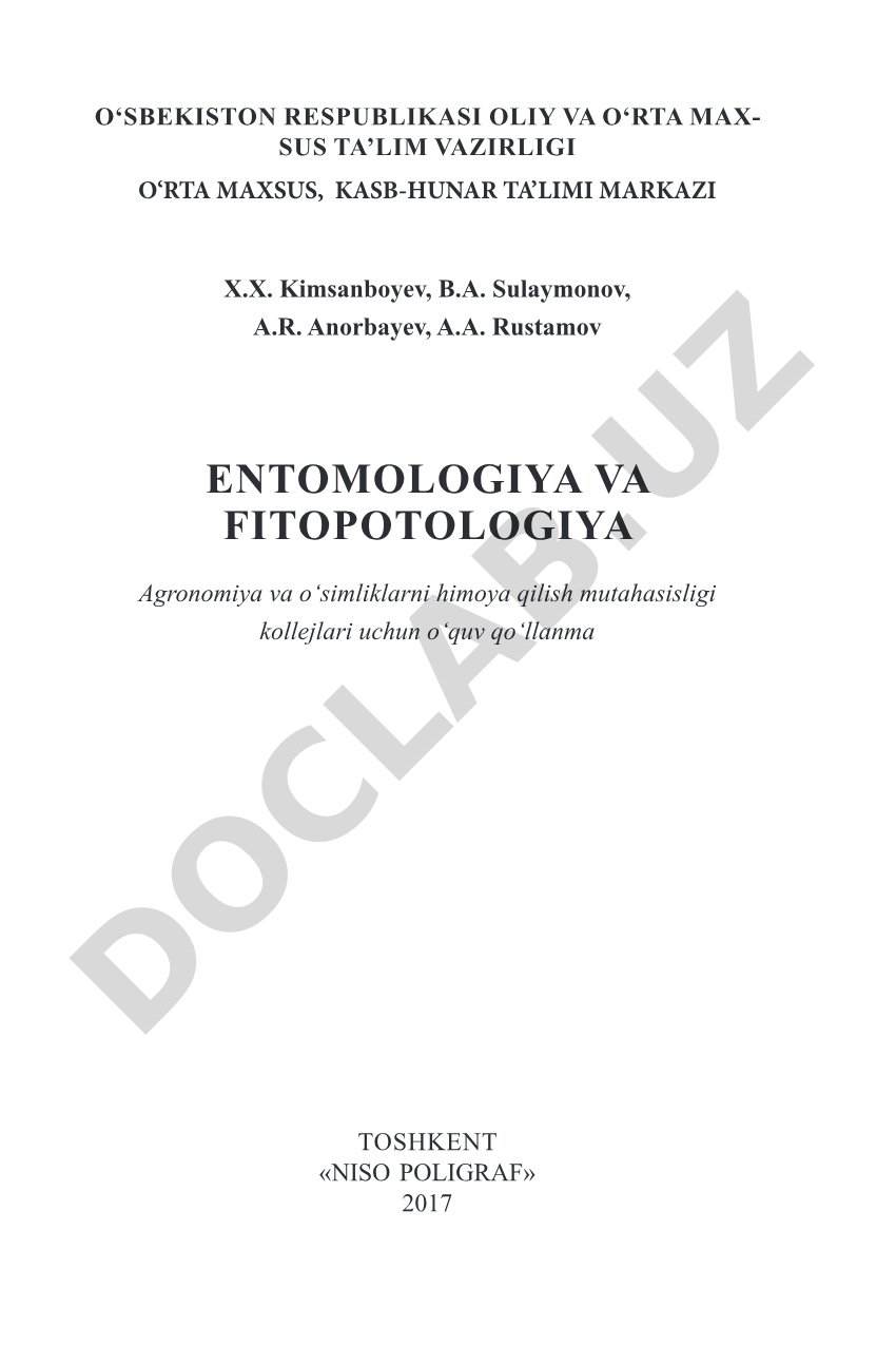 Unda zararkunandalar va fitopatologiya asoslari bayon etilgan