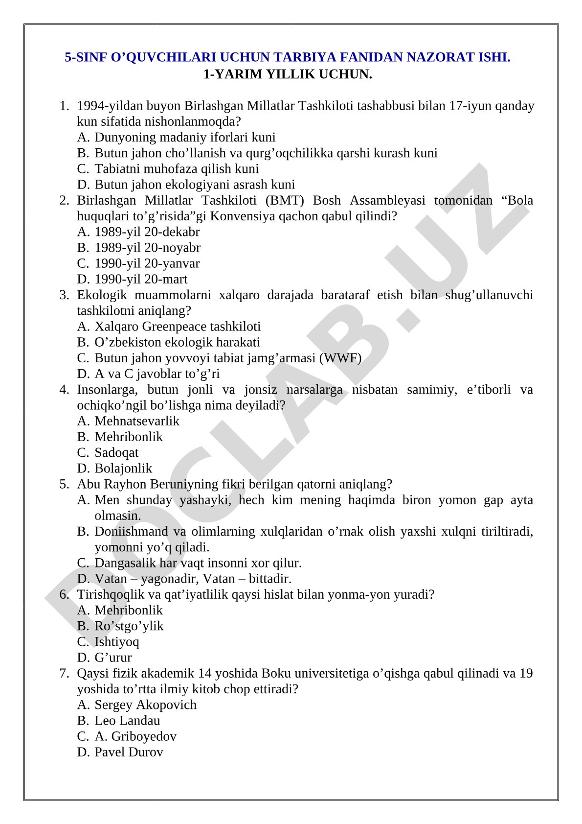 5-sinf o'quvchilari uchun tarbiya fanidan nazorat ishi. 1-yarim yillik uchun
