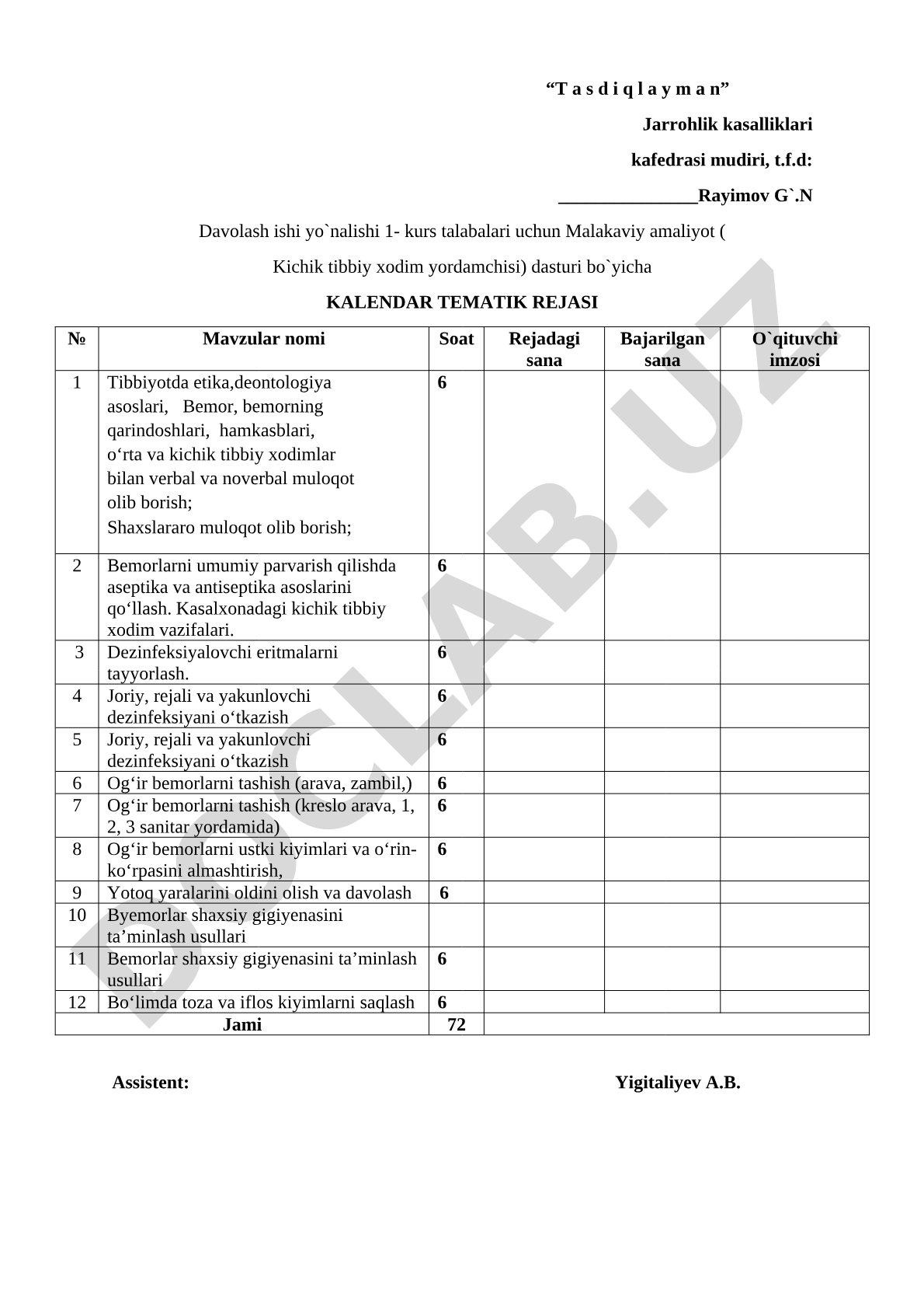Malakaviy amaliyot (kichik tibbiy xodim yordamchisi) dasturi kalendar tematik rejasi