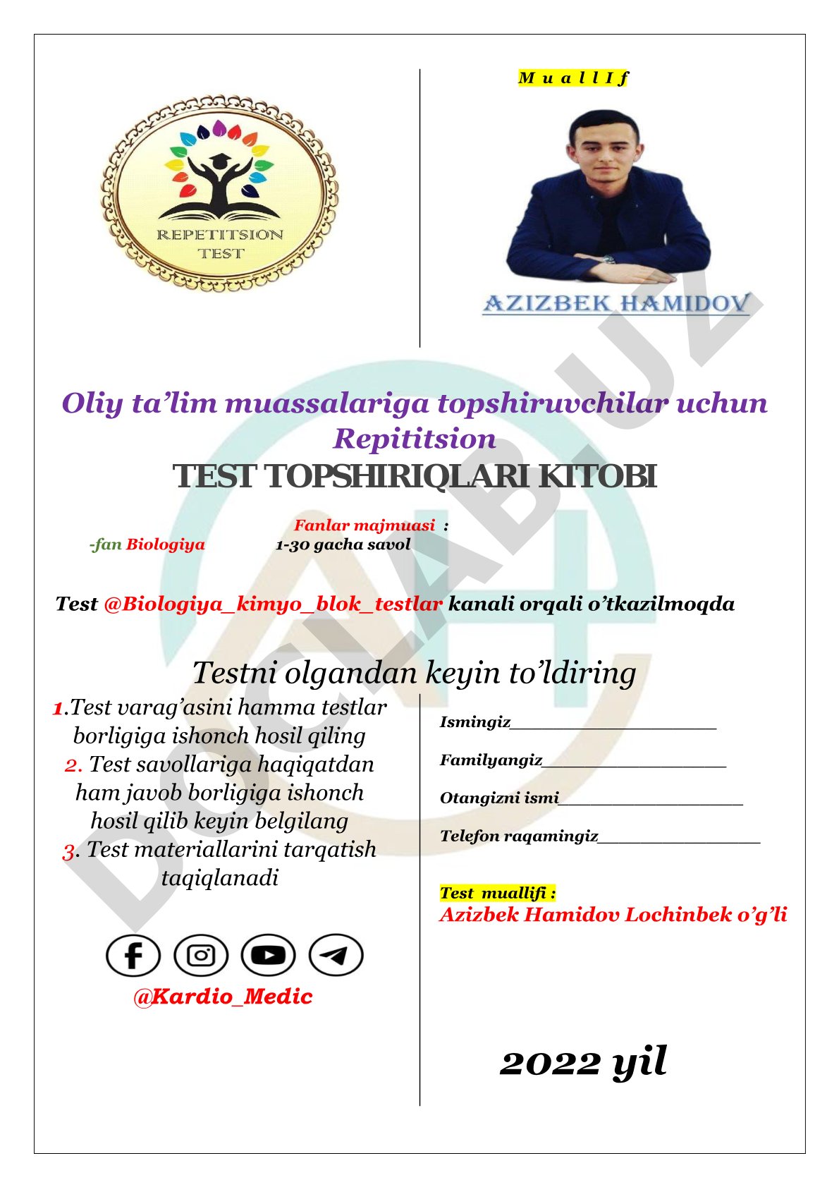 Repititsion test topshiriqlari kitobi - Biologiya