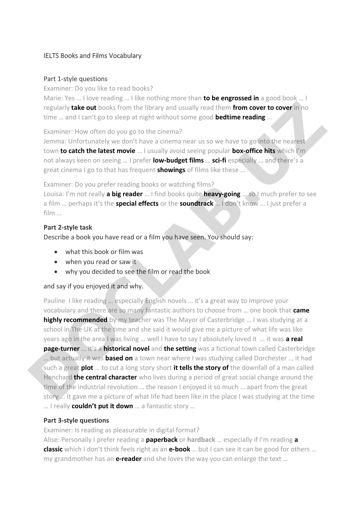 IELTS Books and Films Vocabulary Part 1-style questions