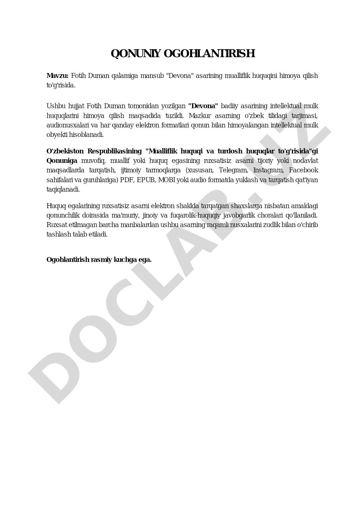 Devona asarining mualliflik huquqini himoya qilish to'g'risida