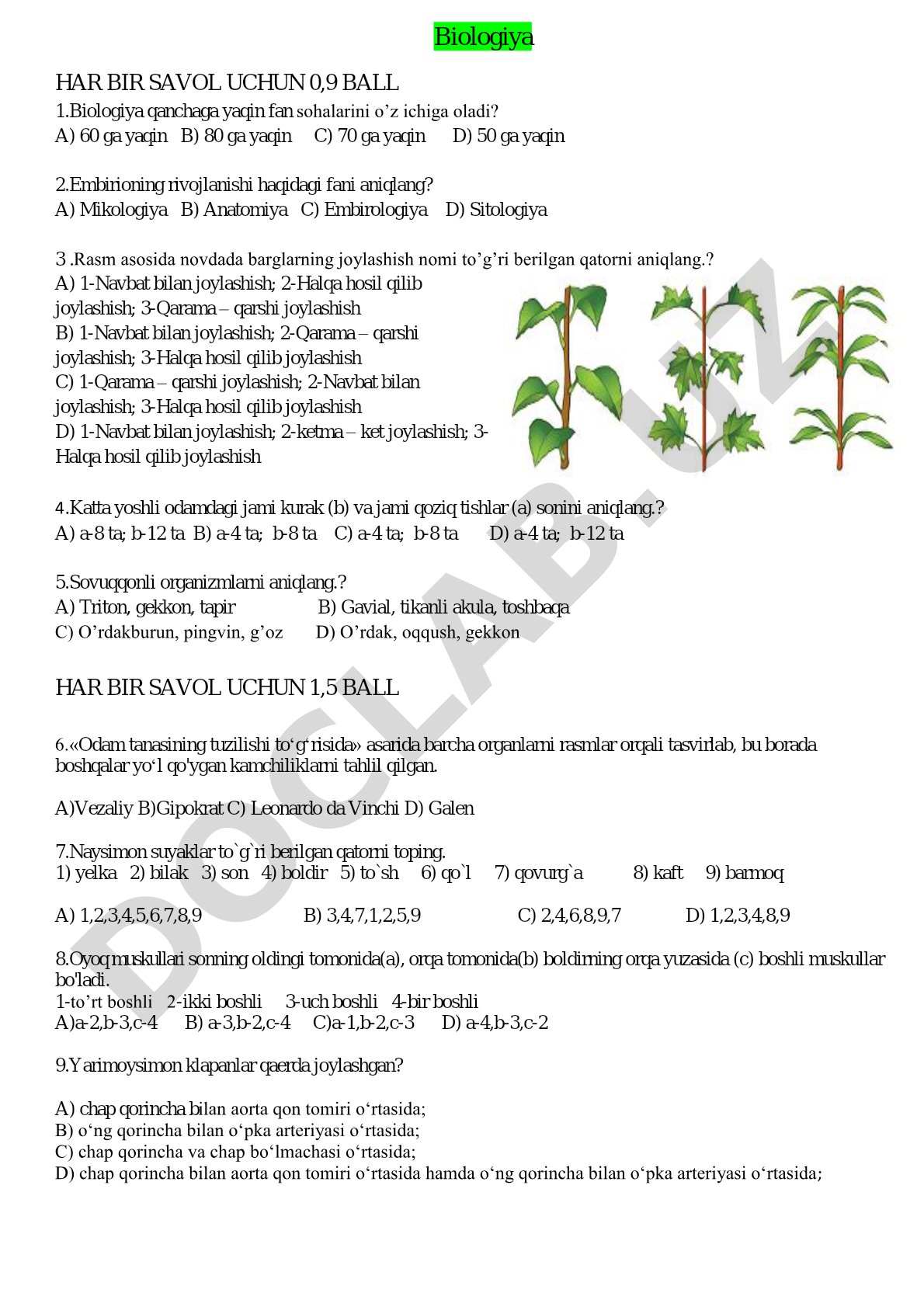 Biologiya test savollari: fan sohalari, embriologiya, barglar, tishlar, sovuqqonlilar