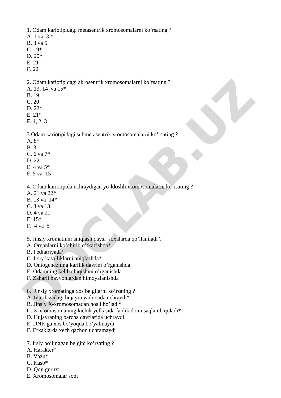 Odam kariotipi va jinsiy xromatin test savollari
