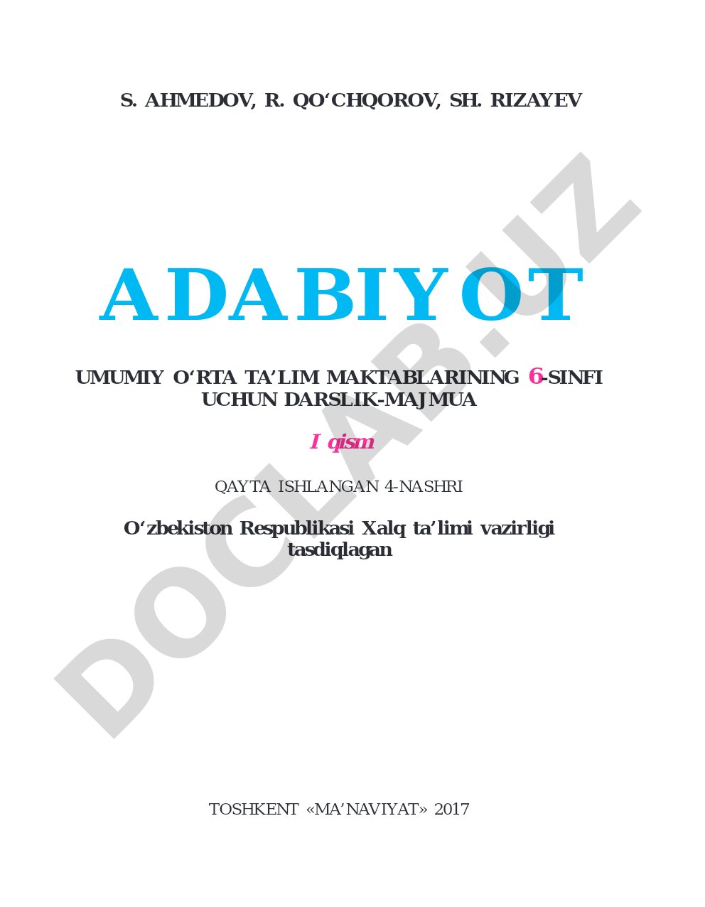 Adabiyot umumiy oārta taālim maktablarining 6-sinfi uchun darslik-majmua I qism