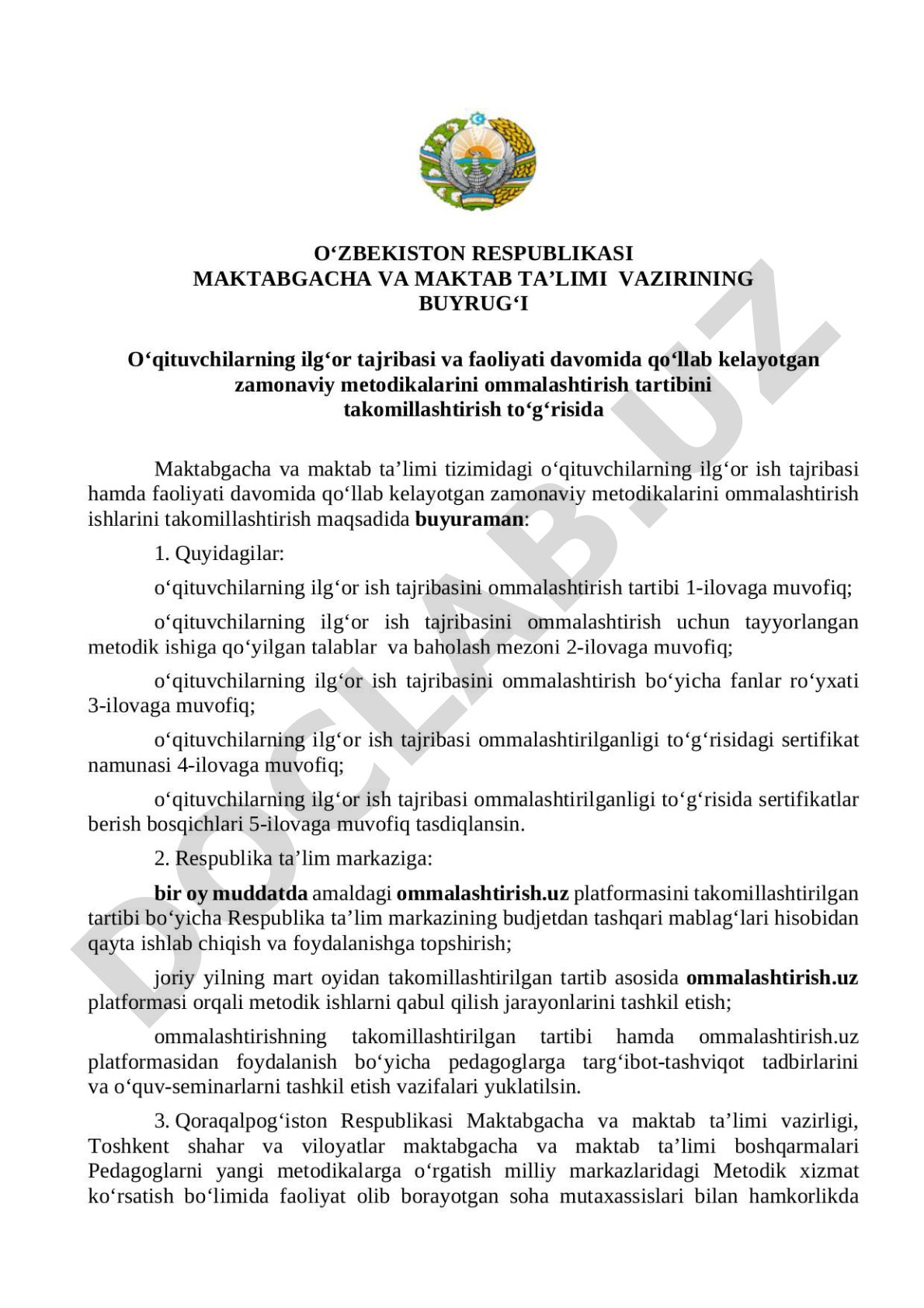 Oʻqituvchilarning ilgʻor tajribasini ommalashtirish TARTIBI
