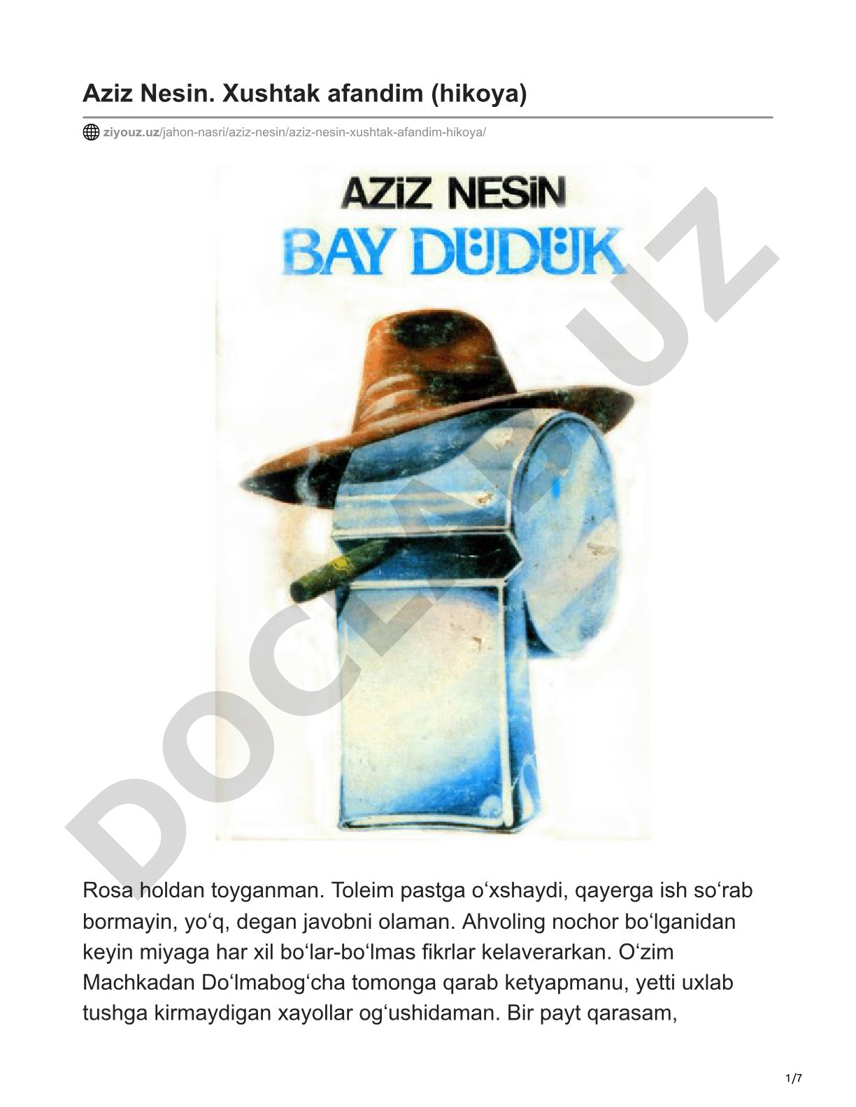 Aziz Nesin. Xushtak afandim (hikoya)
