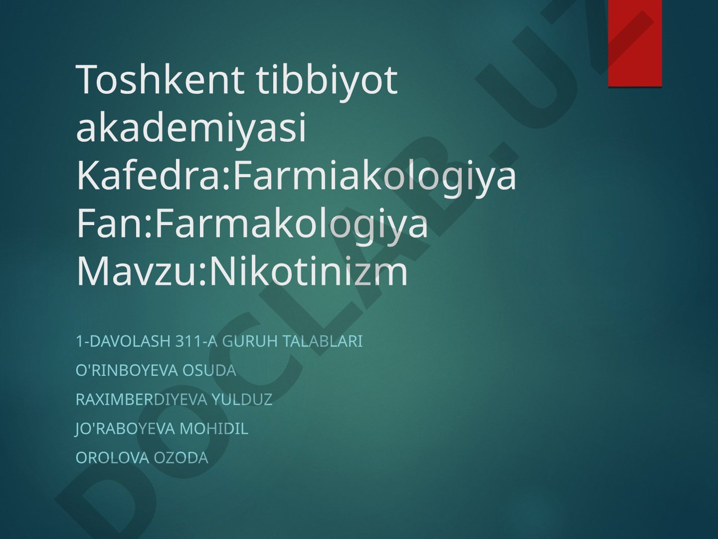 Nikotinizmning ta'siri, kimyoviy moddalar va davolash usullari haqida taqdimot