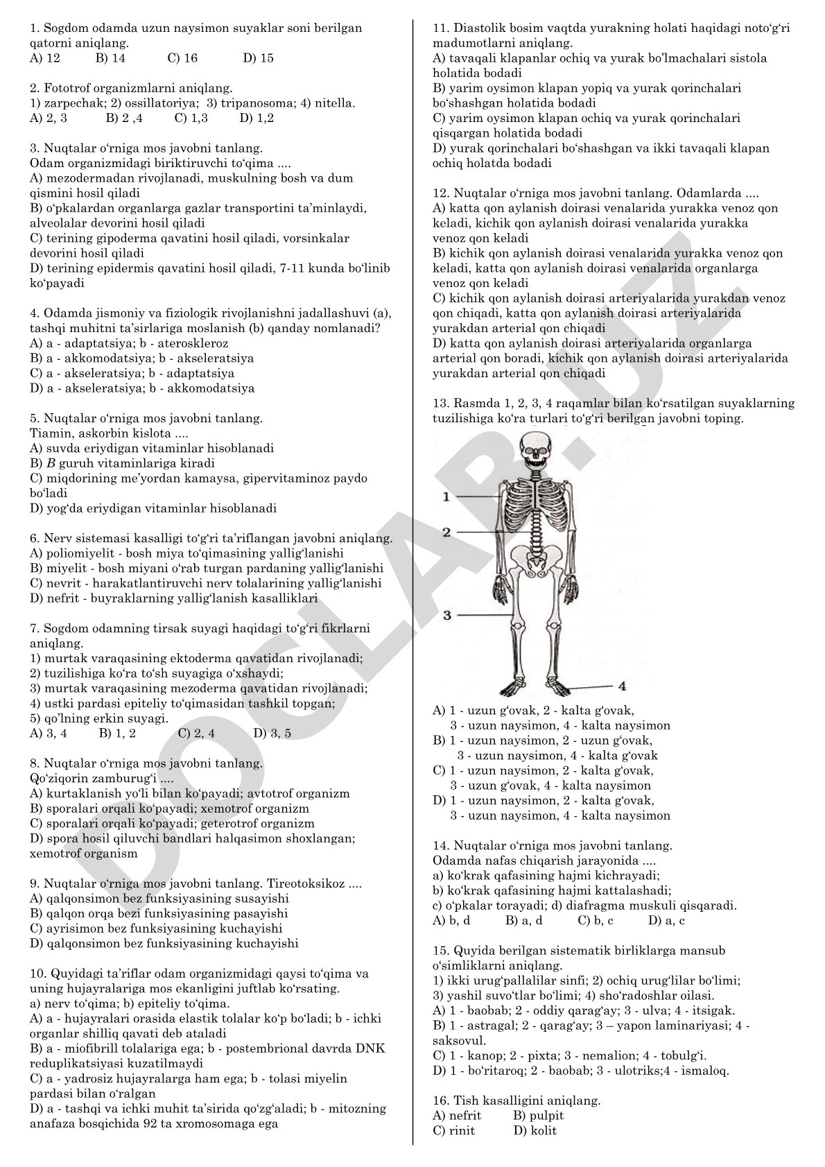 Odam anatomiyasi va fiziologiyasi bo'yicha testlar