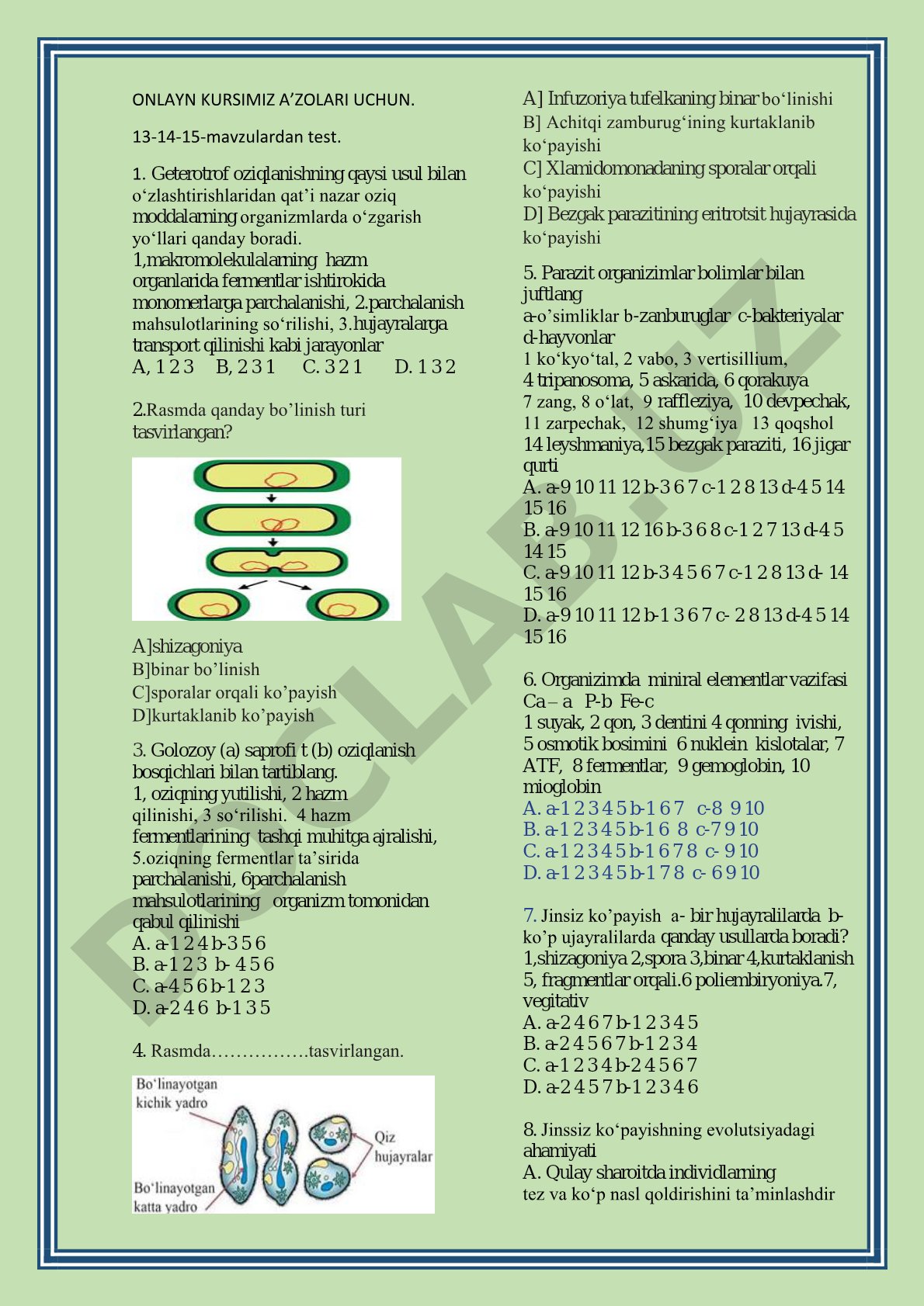 13-14-15-mavzulardan test: oziqlanish, bo‘linish va parazitlar haqida