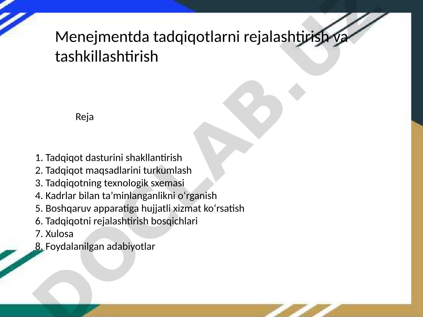 Menejmentda tadqiqotlarni rejalashtirish va tashkillashtirish