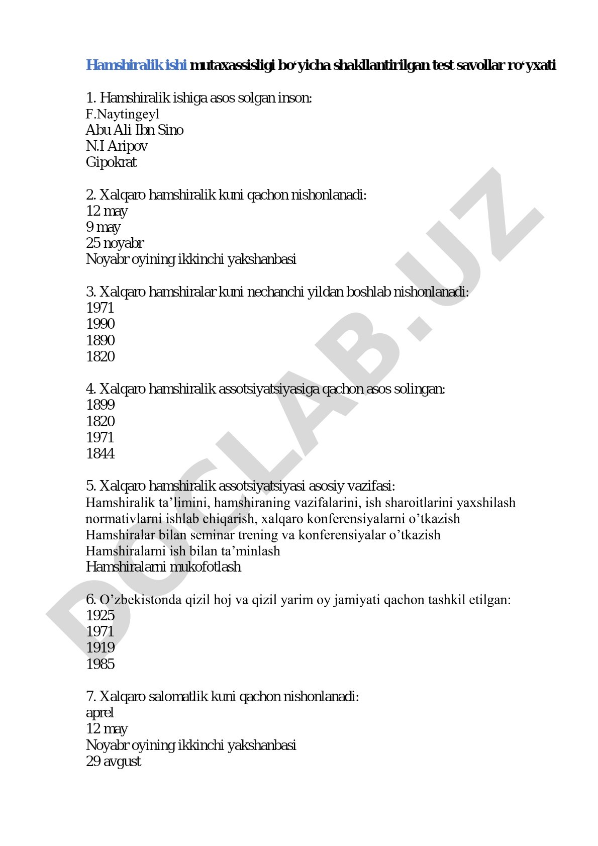 Hamshiralik ishi mutaxassisligi bo‘yicha shakllantirilgan test savollar ro‘yxati