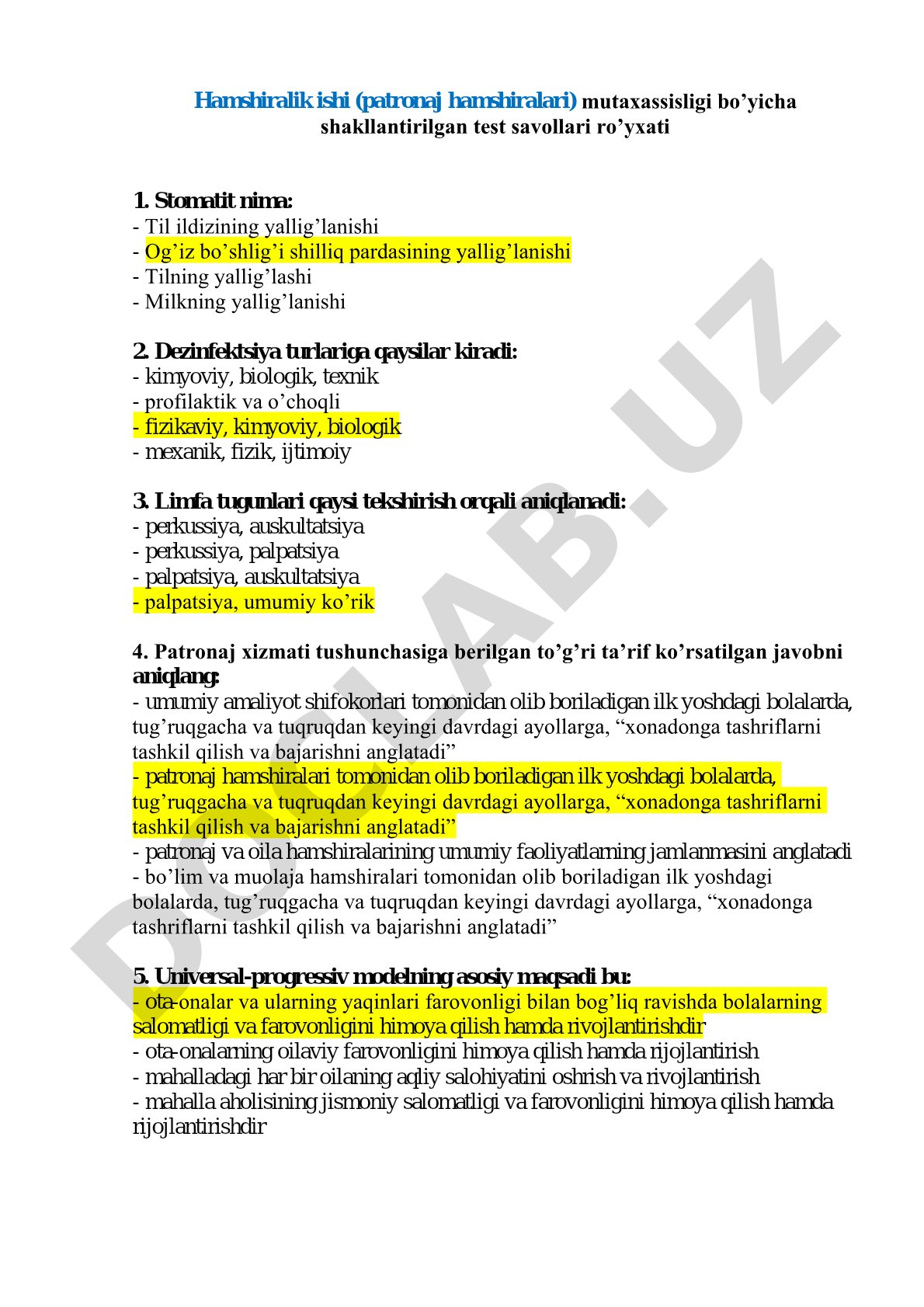 Hamshiralik ishi (patronaj hamshiralari) mutaxassisligi bo’yicha shakllantirilgan test savollari ro’yxati