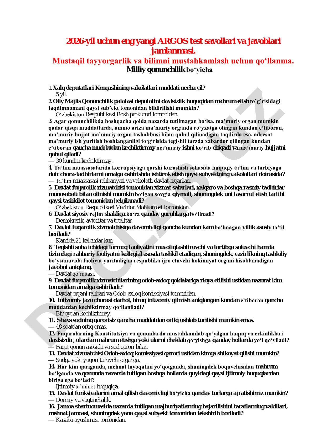 2026-yil uchun eng yangi ARGOS test savollari va javoblari jamlanmasi