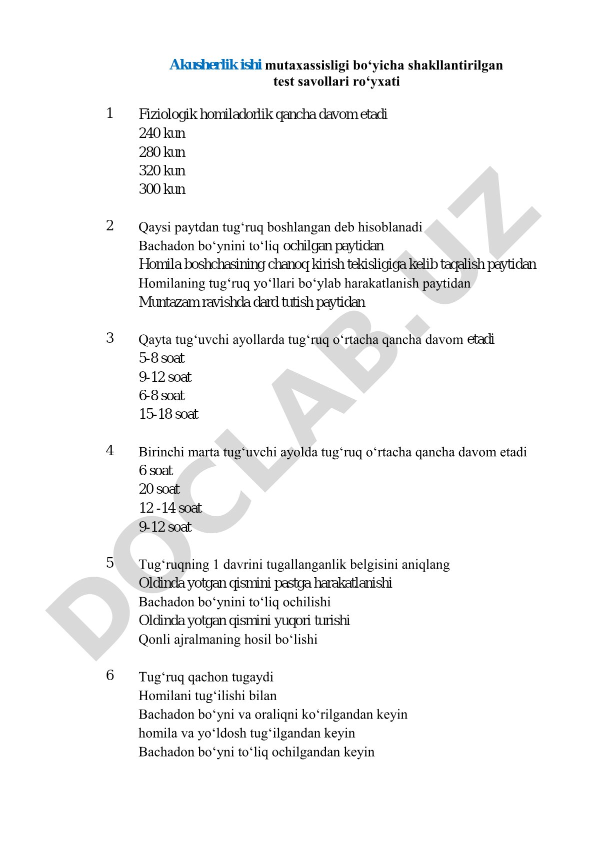 Akusherlik ishi mutaxassisligi boʻyicha shakllantirilgan test savollari roʻyxati
