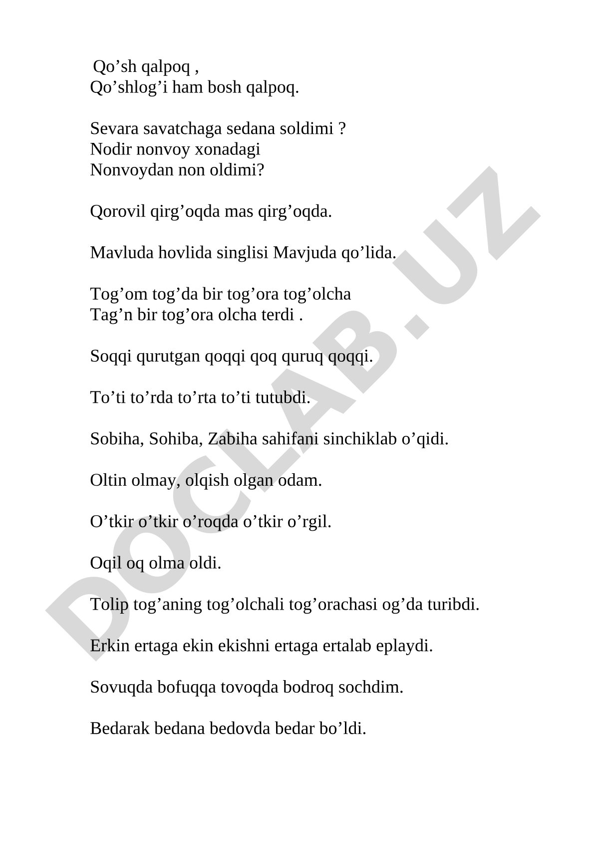 O'zbekcha tez aytish mashqlari