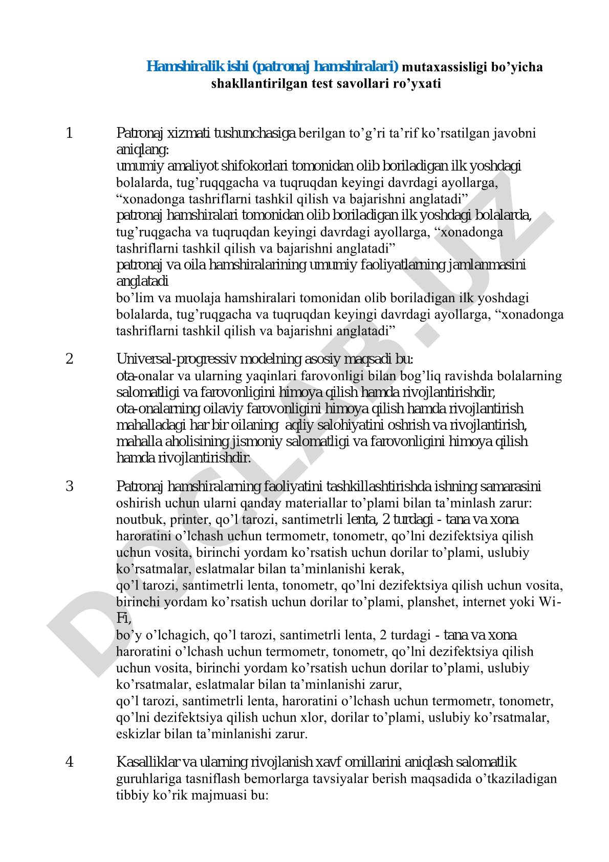 Hamshiralik ishi (patronaj hamshiralari) mutaxassisligi bo’yicha shakllantirilgan test savollari ro’yxati
