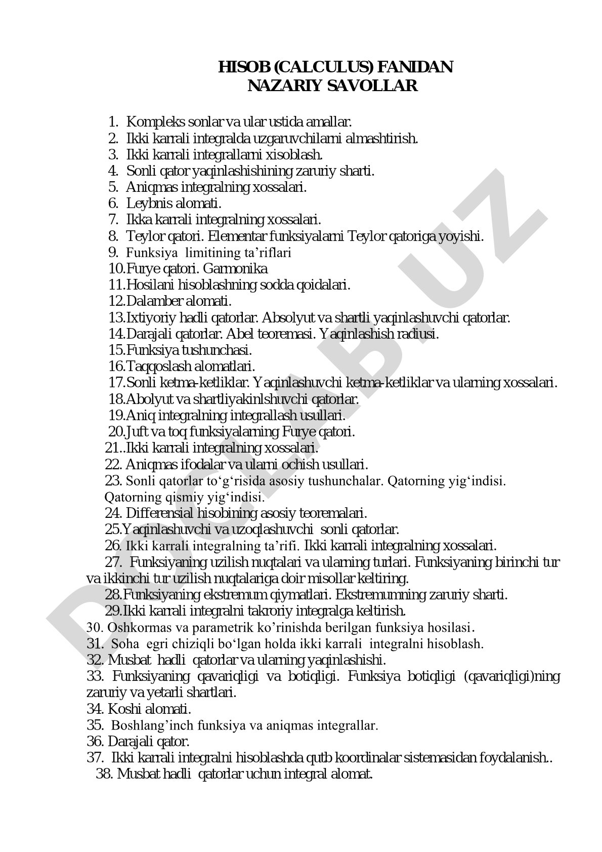 Hisob (Calculus) fanidan nazariy savollar